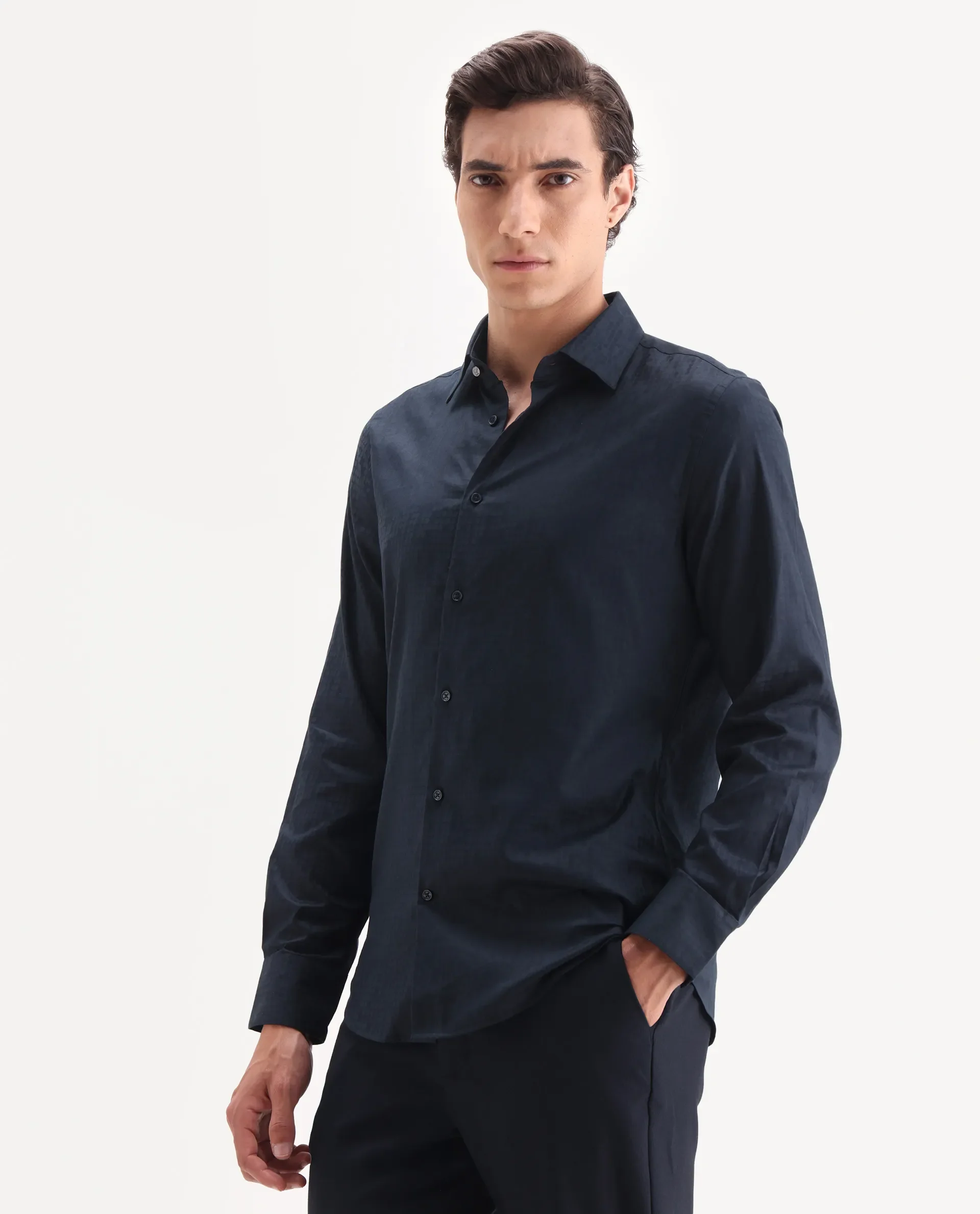 Rare Rabbit Men's Torop Navy Cotton Fabric Full Sleeve Collared Neck Regular Fit Jacquard Shirt - Image 6