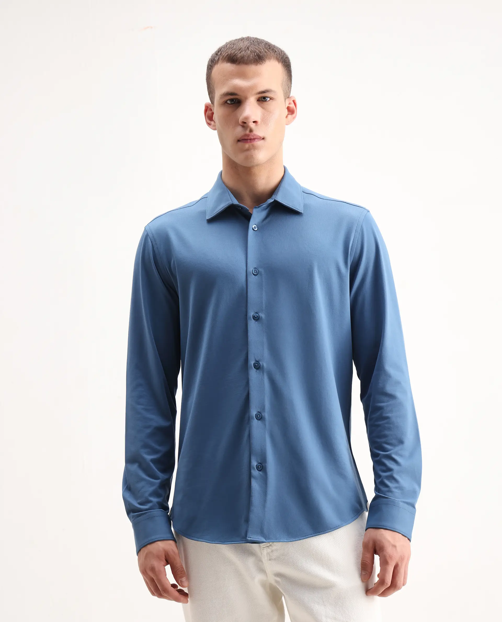 Rare Rabbit Men's Tour-25 Blue Cotton Blend Plain Regular Fit Full Sleeve Spread Collar Shirt - Image 4