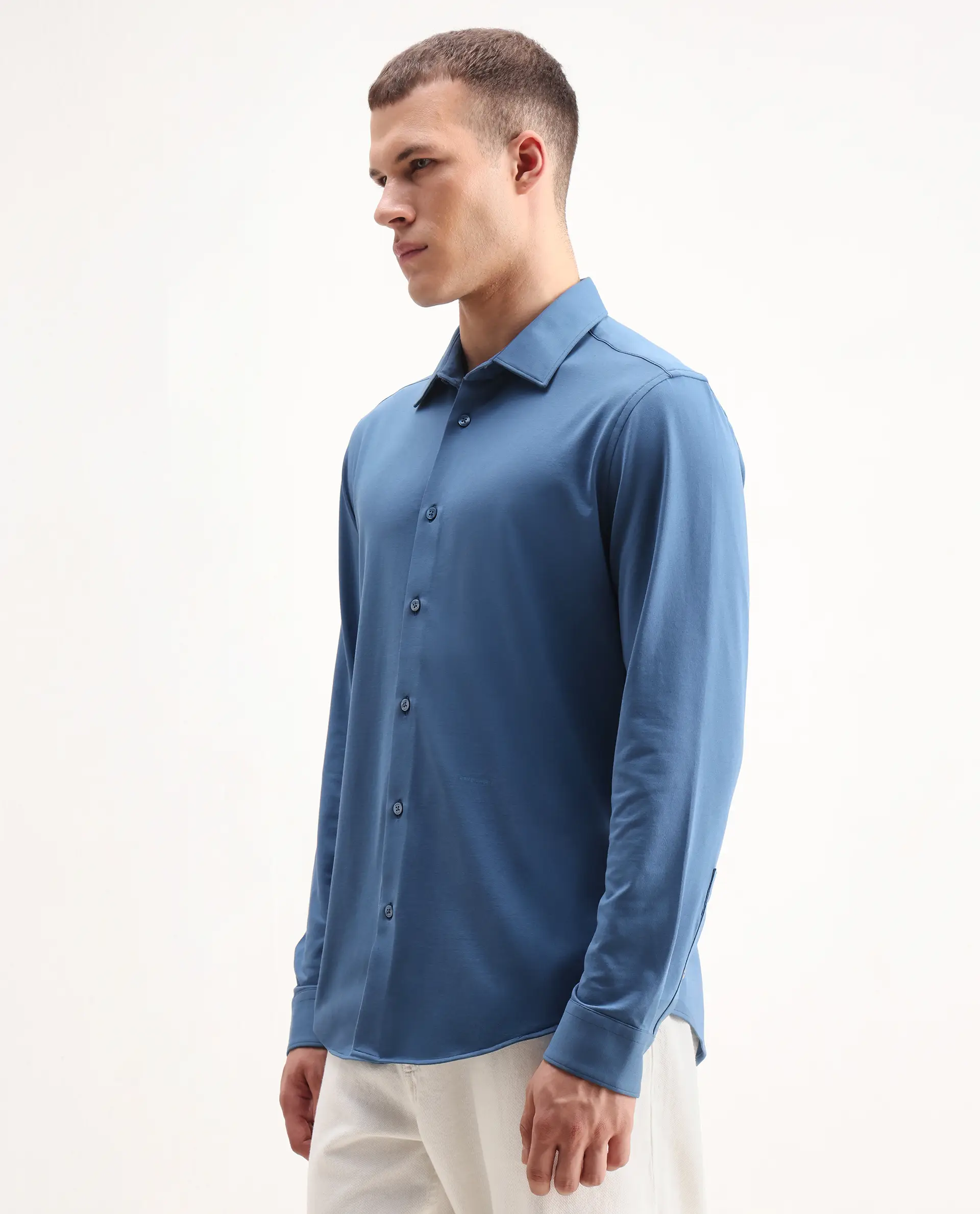 Rare Rabbit Men's Tour-25 Blue Cotton Blend Plain Regular Fit Full Sleeve Spread Collar Shirt - Image 5