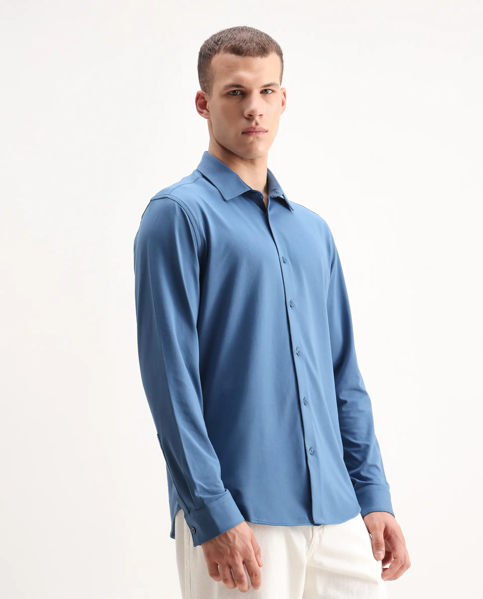 Rare Rabbit Men's Tour-25 Blue Cotton Blend Plain Regular Fit Full Sleeve Spread Collar Shirt - Image 6