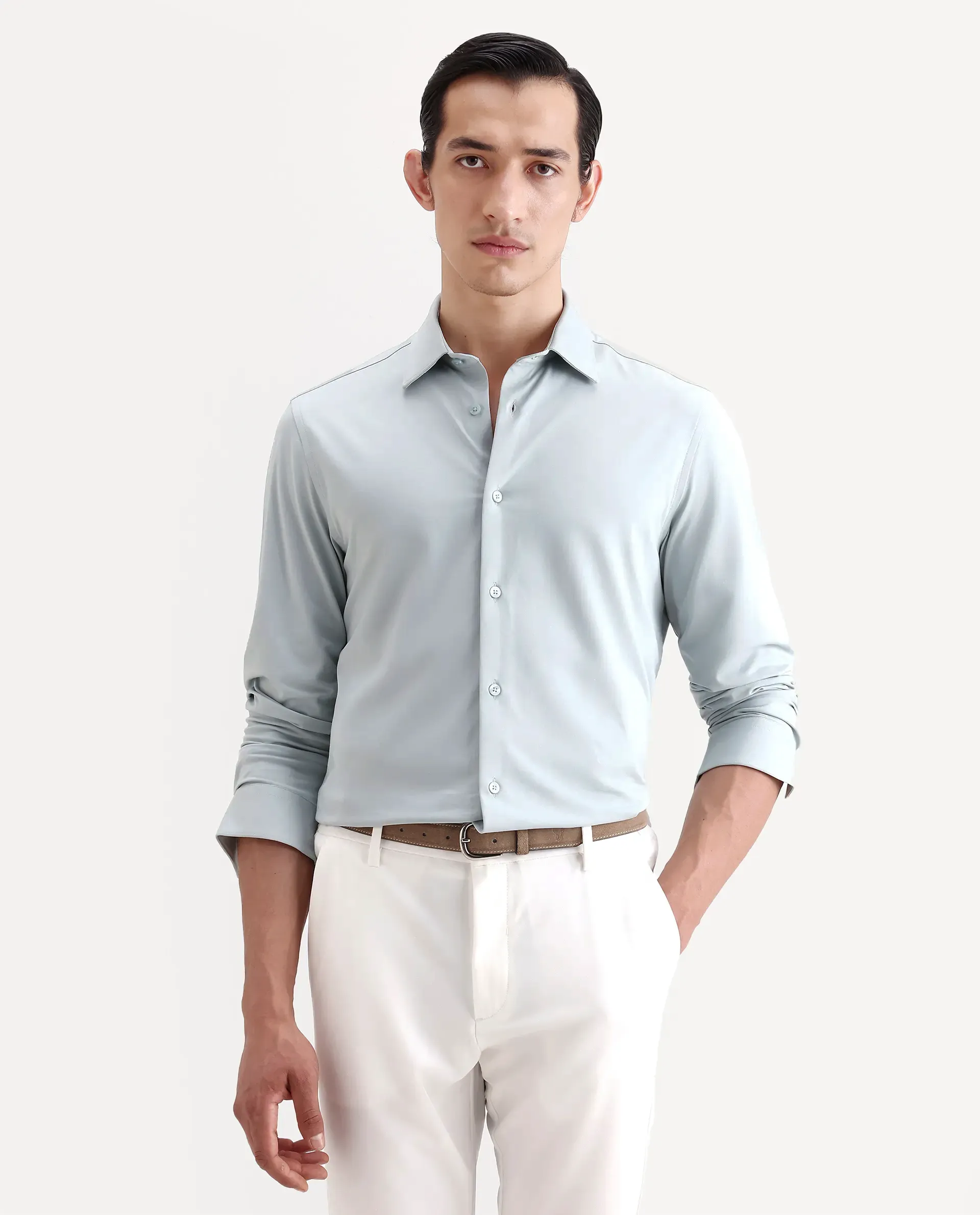 Rare Rabbit Men's Tour-Ss26 Pastel Green Cotton Fabric Full Sleeve Spread Collar Regular Fit Plain Shirt - Image 4
