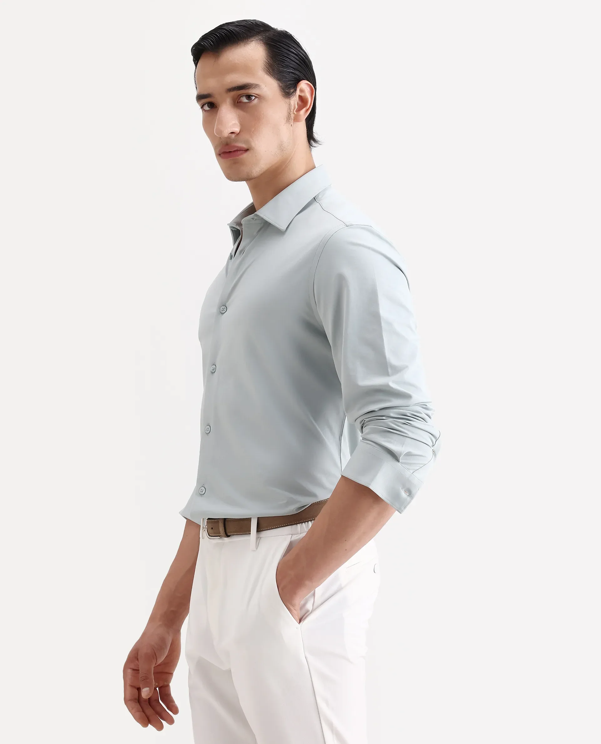 Rare Rabbit Men's Tour-Ss26 Pastel Green Cotton Fabric Full Sleeve Spread Collar Regular Fit Plain Shirt - Image 5