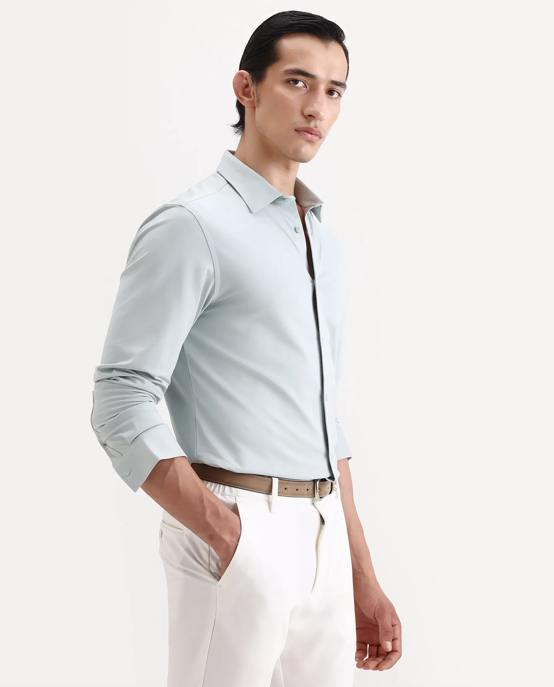 Rare Rabbit Men's Tour-Ss26 Pastel Green Cotton Fabric Full Sleeve Spread Collar Regular Fit Plain Shirt - Image 6