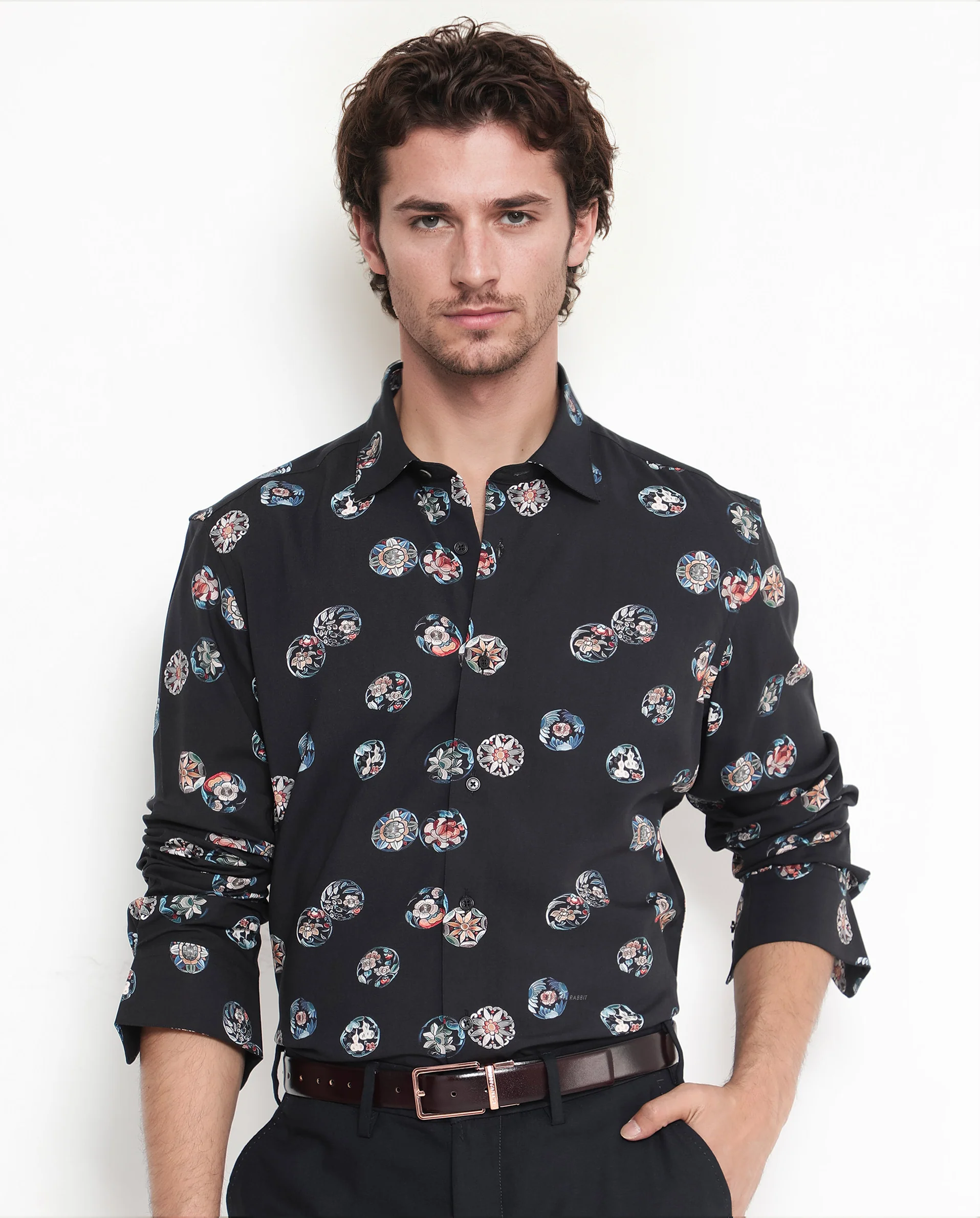 Rare Rabbit Men's Towen Ls Black Viscose Floral Print Regular Fit Full Sleeve Collared Shirt