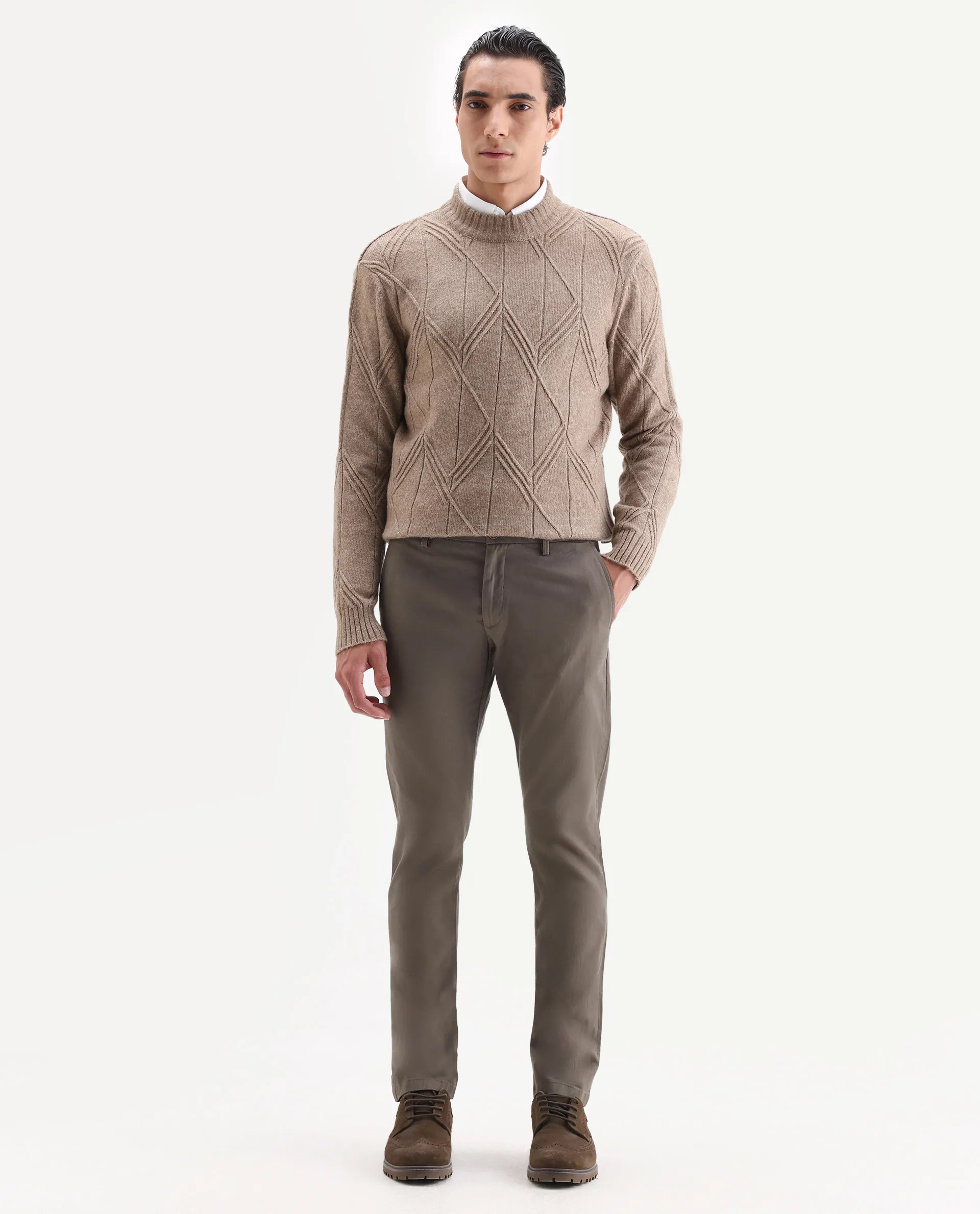 Rare Rabbit Men's Trans Khaki Cotton Plain Regular Fit Trouser