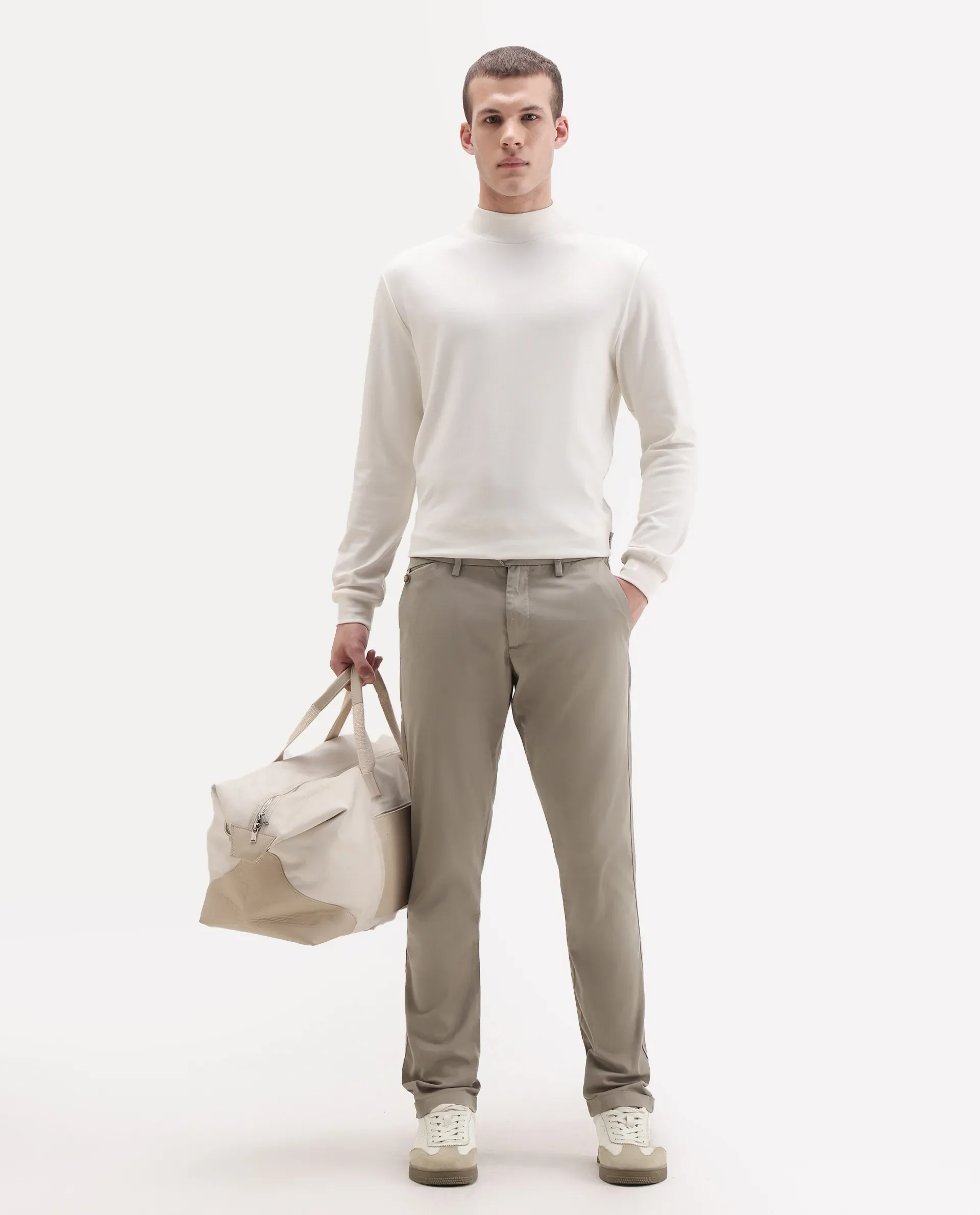 Rare Rabbit Men's Travel-24 Dark Beige Poly Viscose Lycra Fabric Blend Regular Fit Solid Trousers