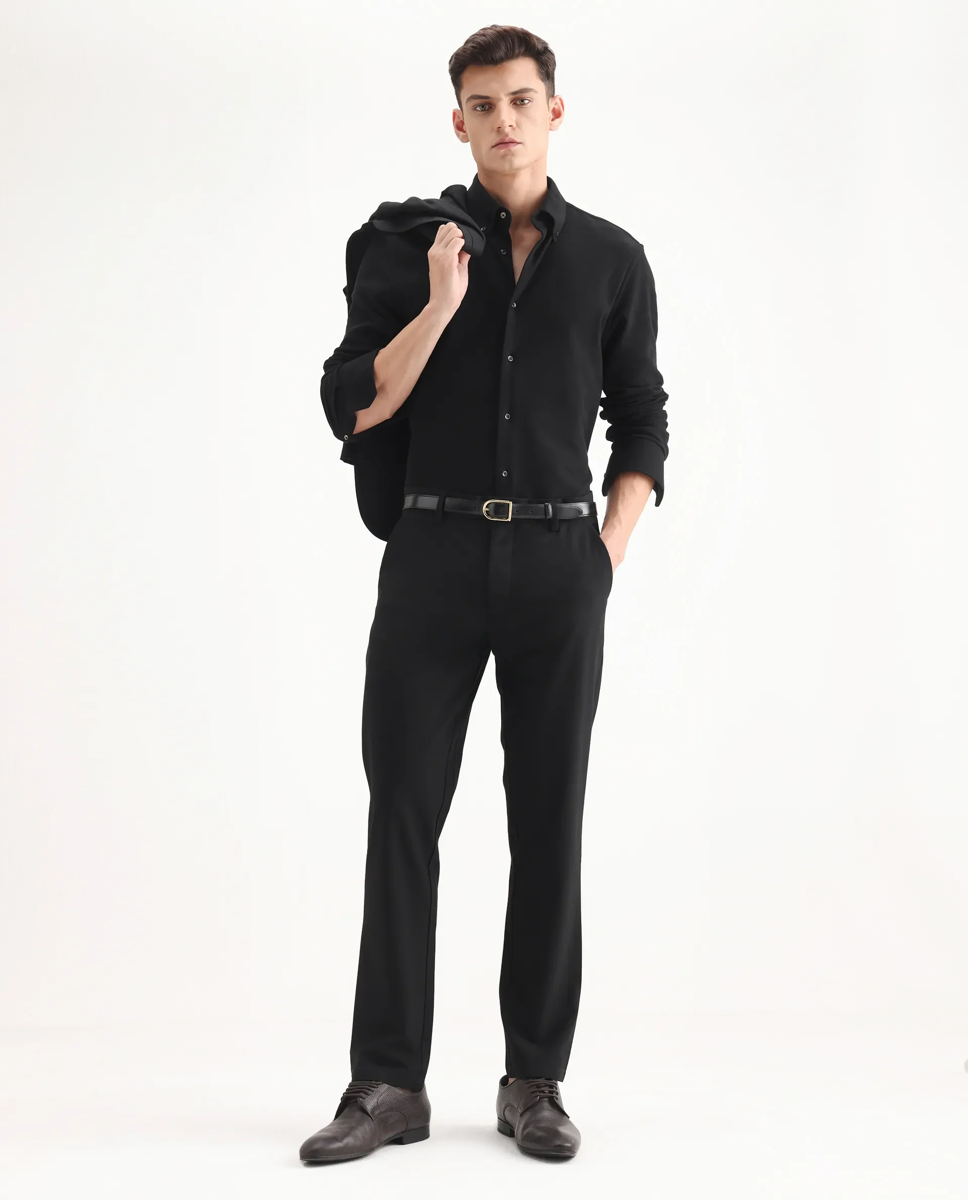 Rare Rabbit Men's Travel-25 Black Polyester Blend Plain Regular Fit Trouser