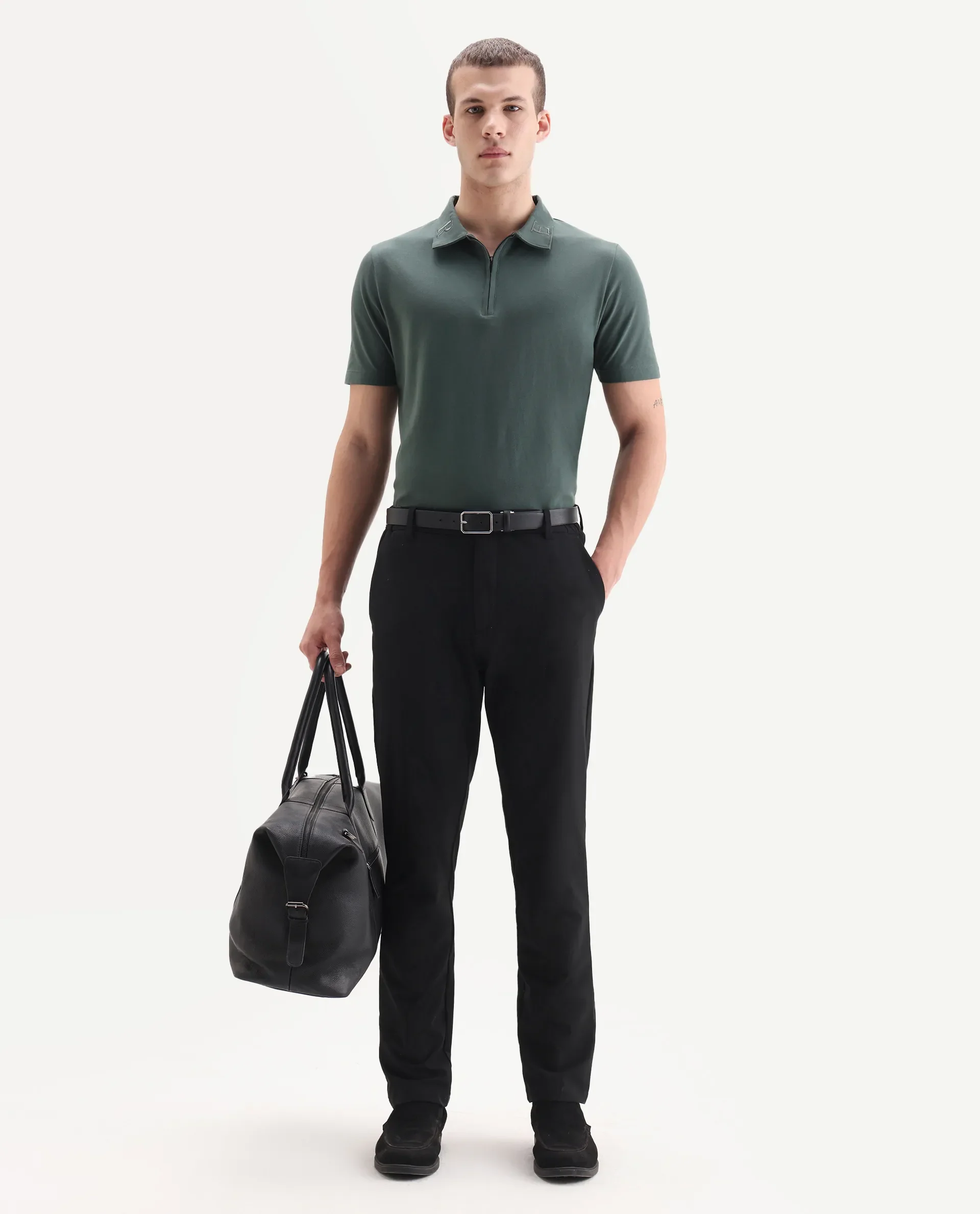 Rare Rabbit Men's Travel 26 Black Polyester Blend Plain Regular Fit Trouser