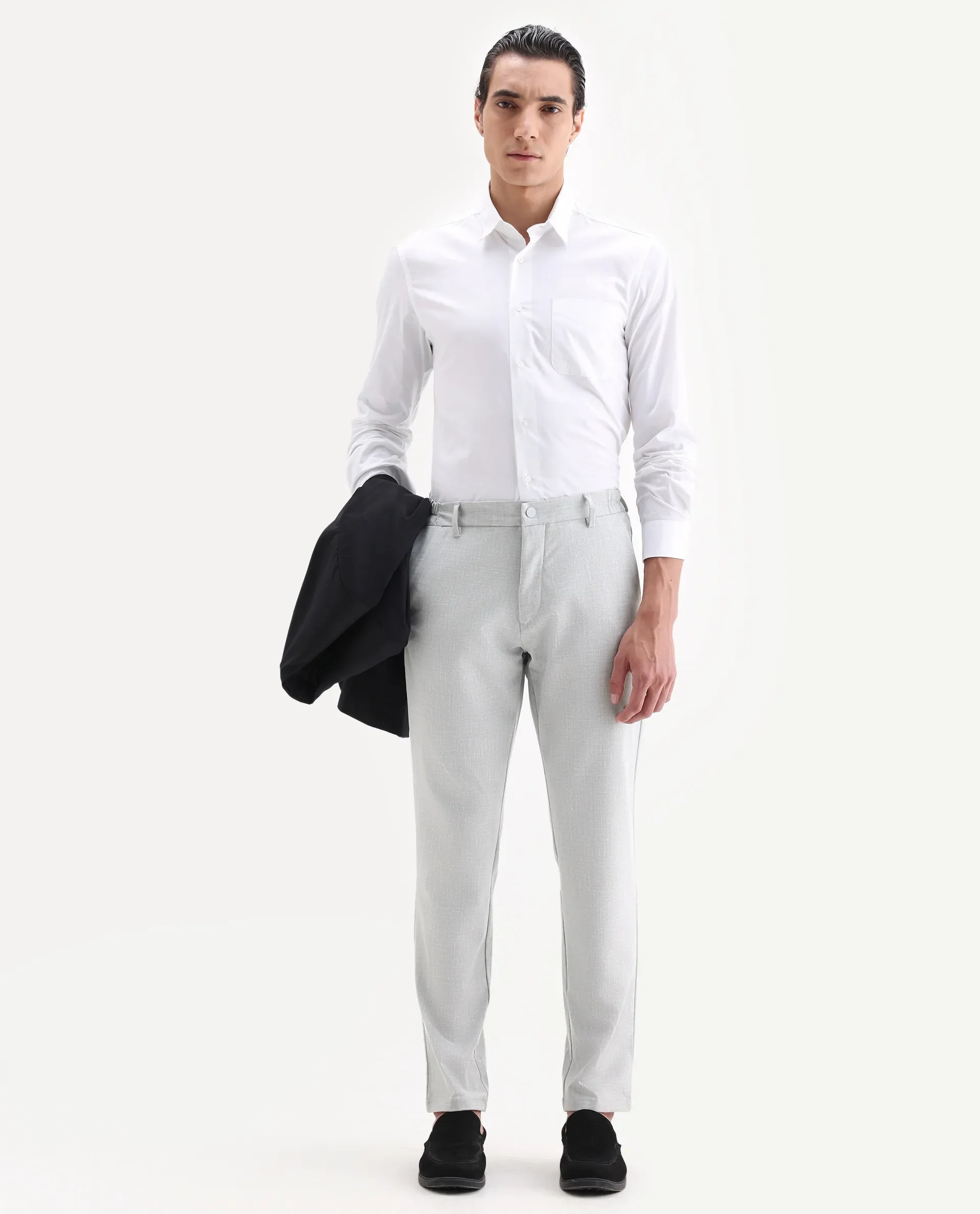 Rare Rabbit Men's Travel-26 Grey Polyester Blend Plain Regular Fit Trouser