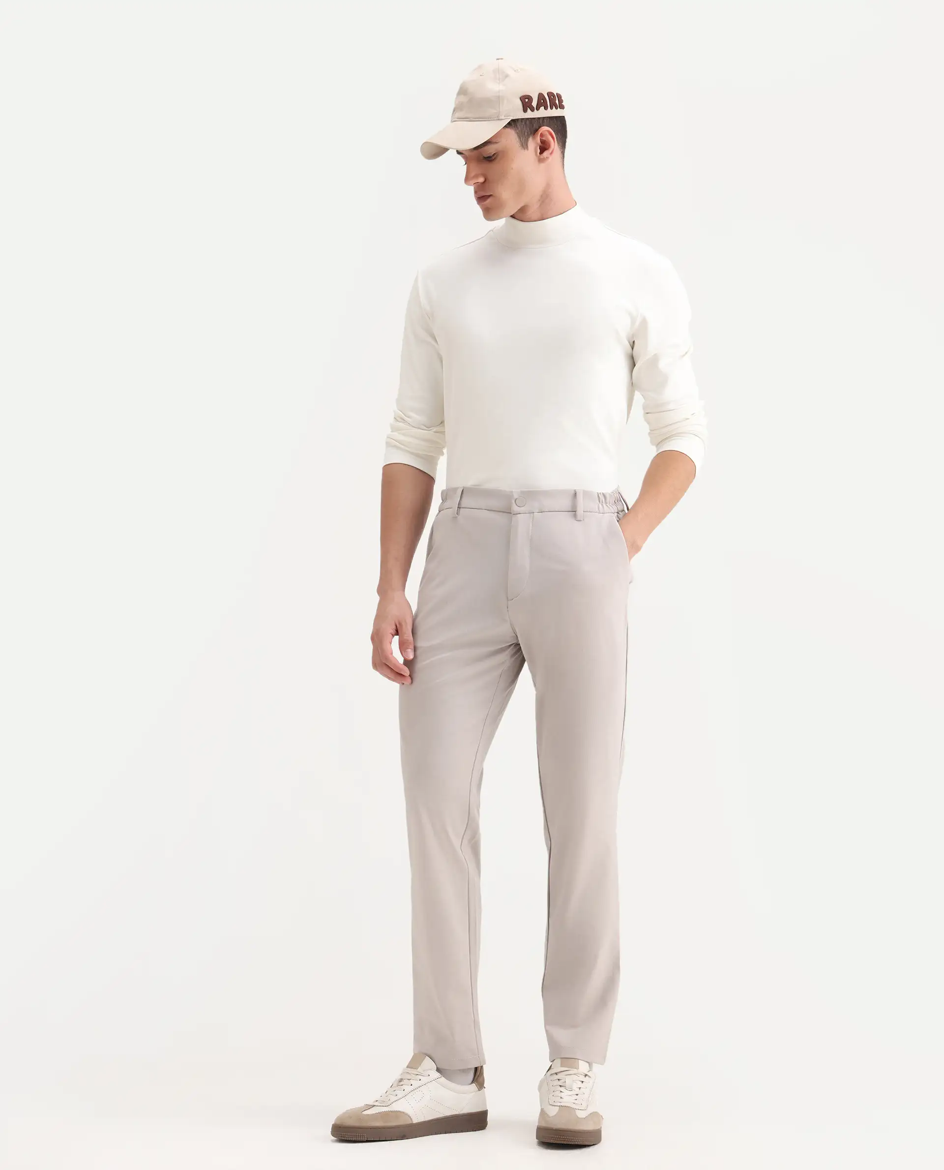 Rare Rabbit Men's Travel-26R Light Beige Polyester Blend Plain Regular Fit Trouser