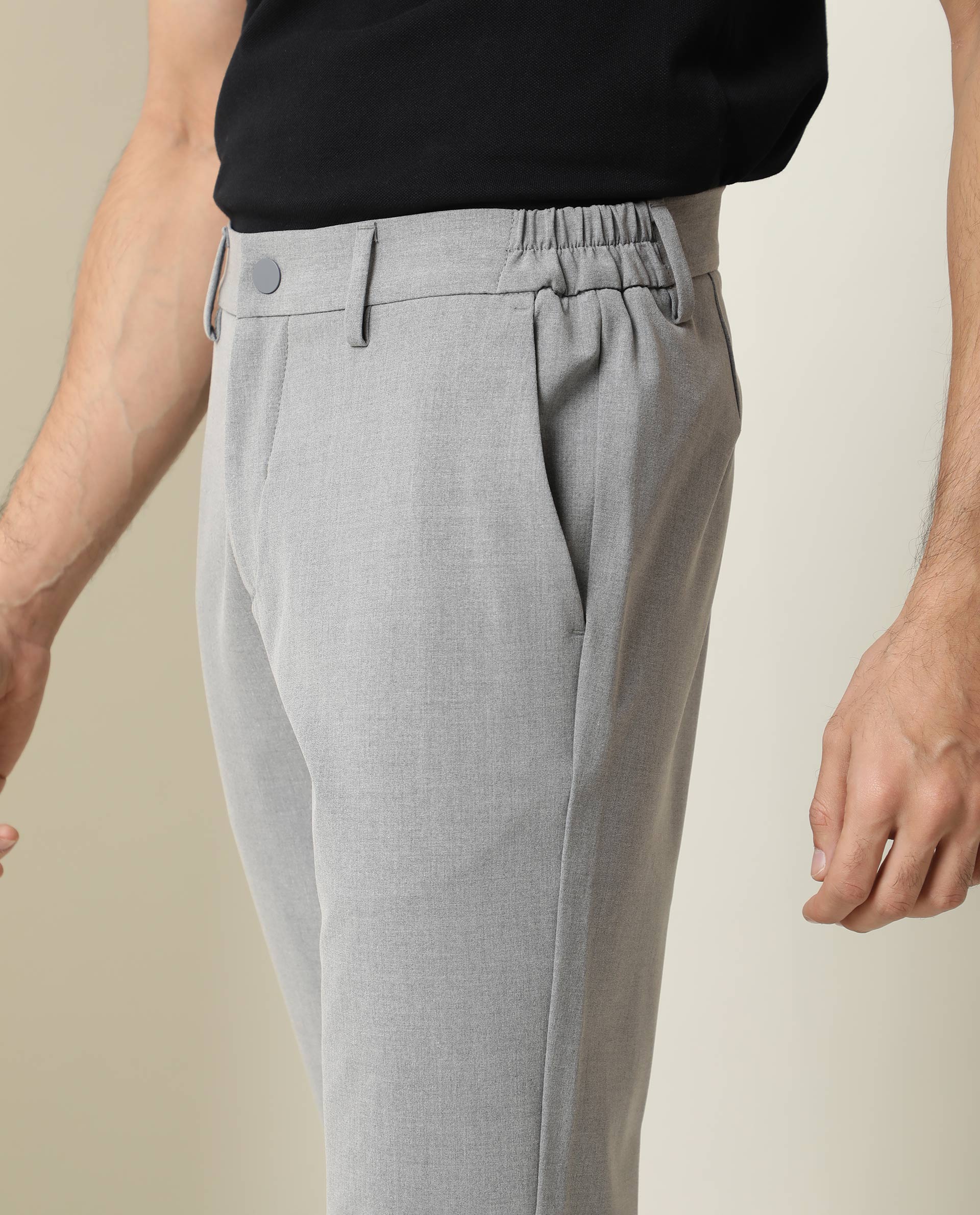 Rare Rabbit Men's Traverse Grey Solid Mid-Rise Regular Fit Stretch Trousers - Image 3