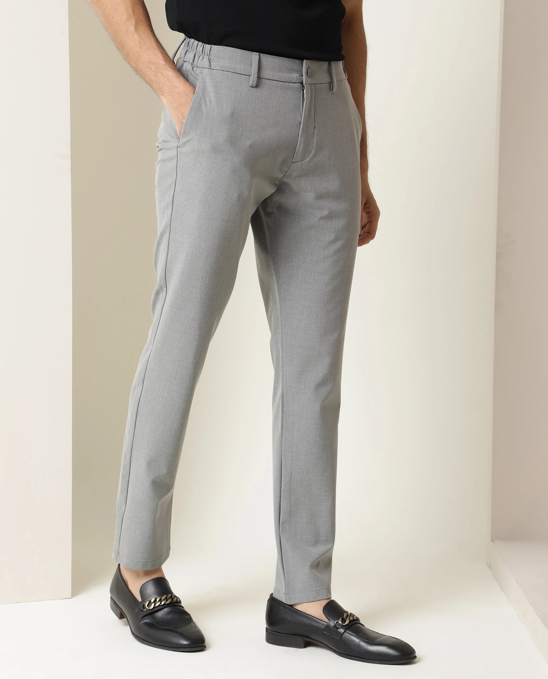 Rare Rabbit Men's Traverse Grey Solid Mid-Rise Regular Fit Stretch Trousers - Image 4