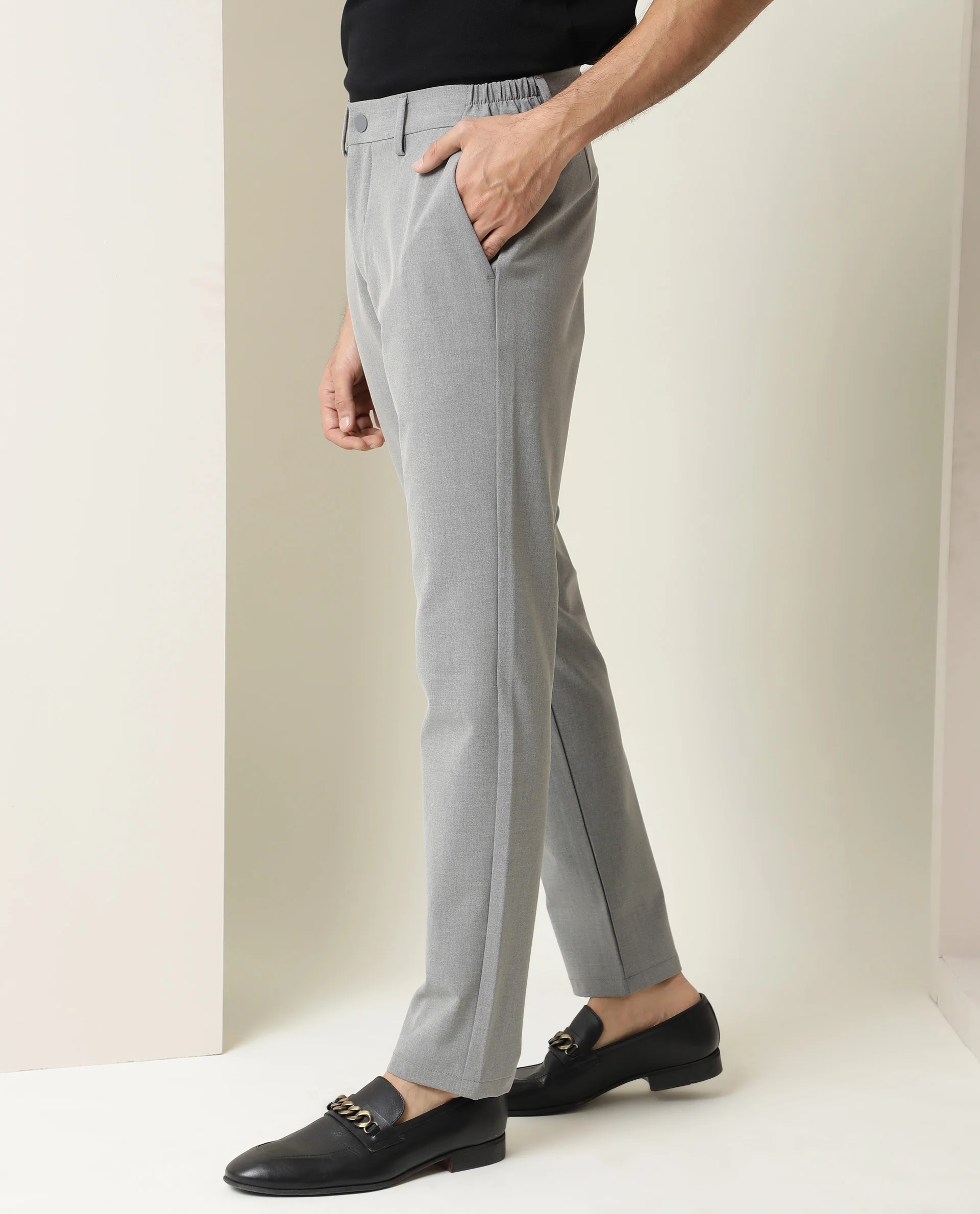 Rare Rabbit Men's Traverse Grey Solid Mid-Rise Regular Fit Stretch Trousers - Image 5