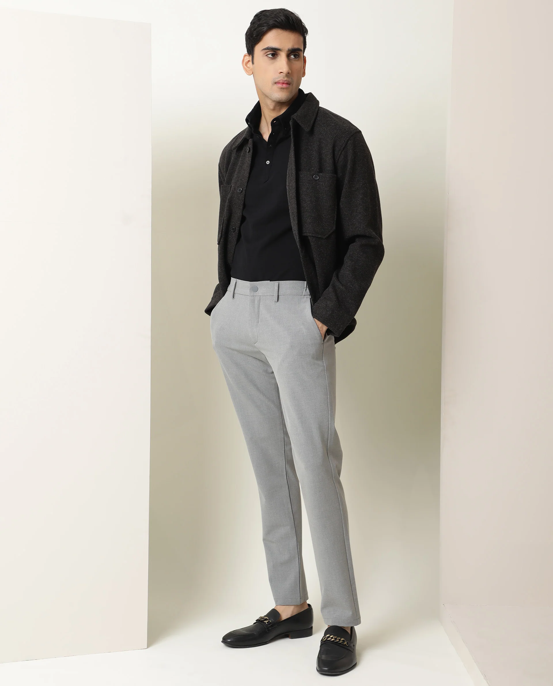 Rare Rabbit Men's Traverse Grey Solid Mid-Rise Regular Fit Stretch Trousers - Image 6
