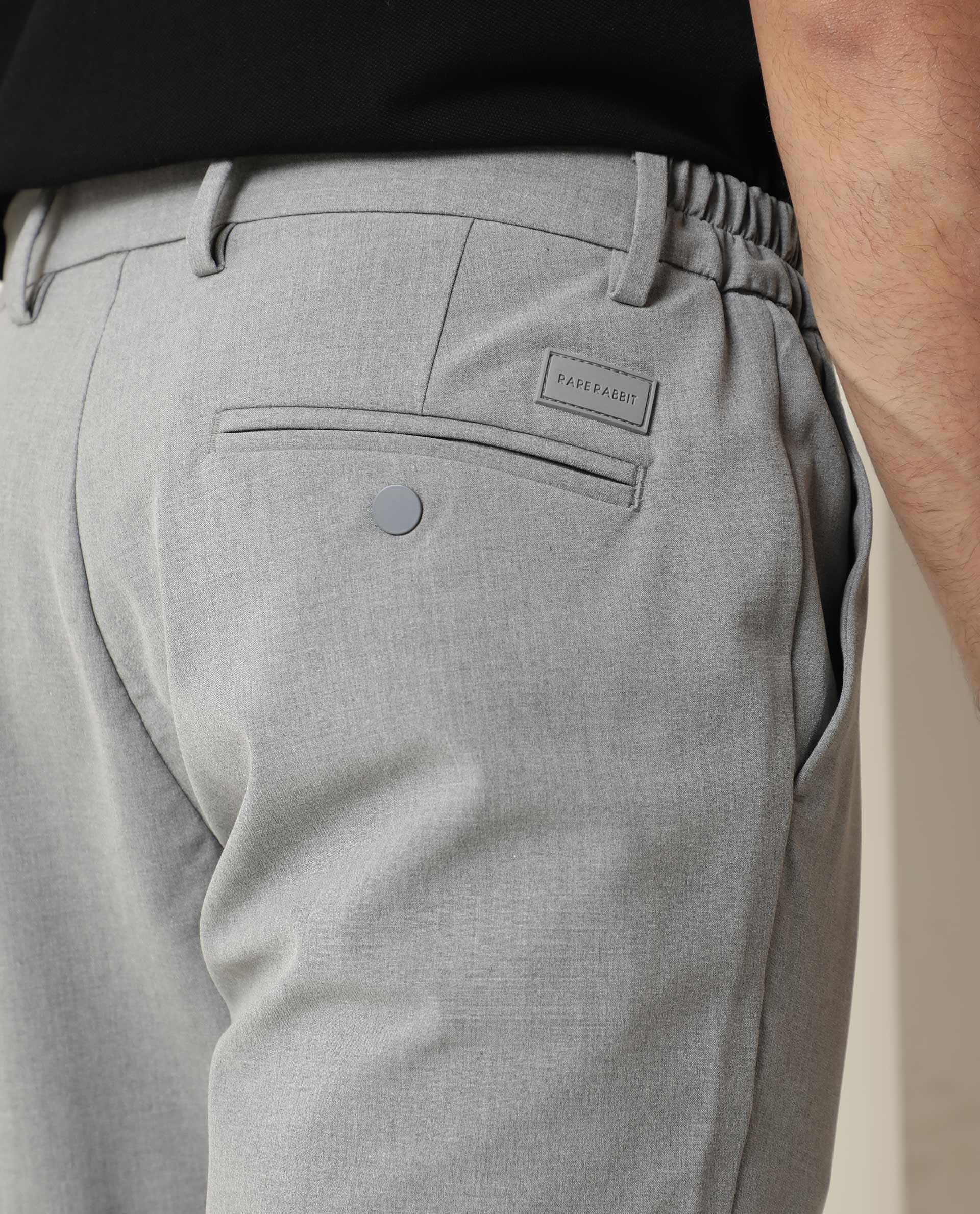 Rare Rabbit Men's Traverse Grey Solid Mid-Rise Regular Fit Stretch Trousers - Image 9