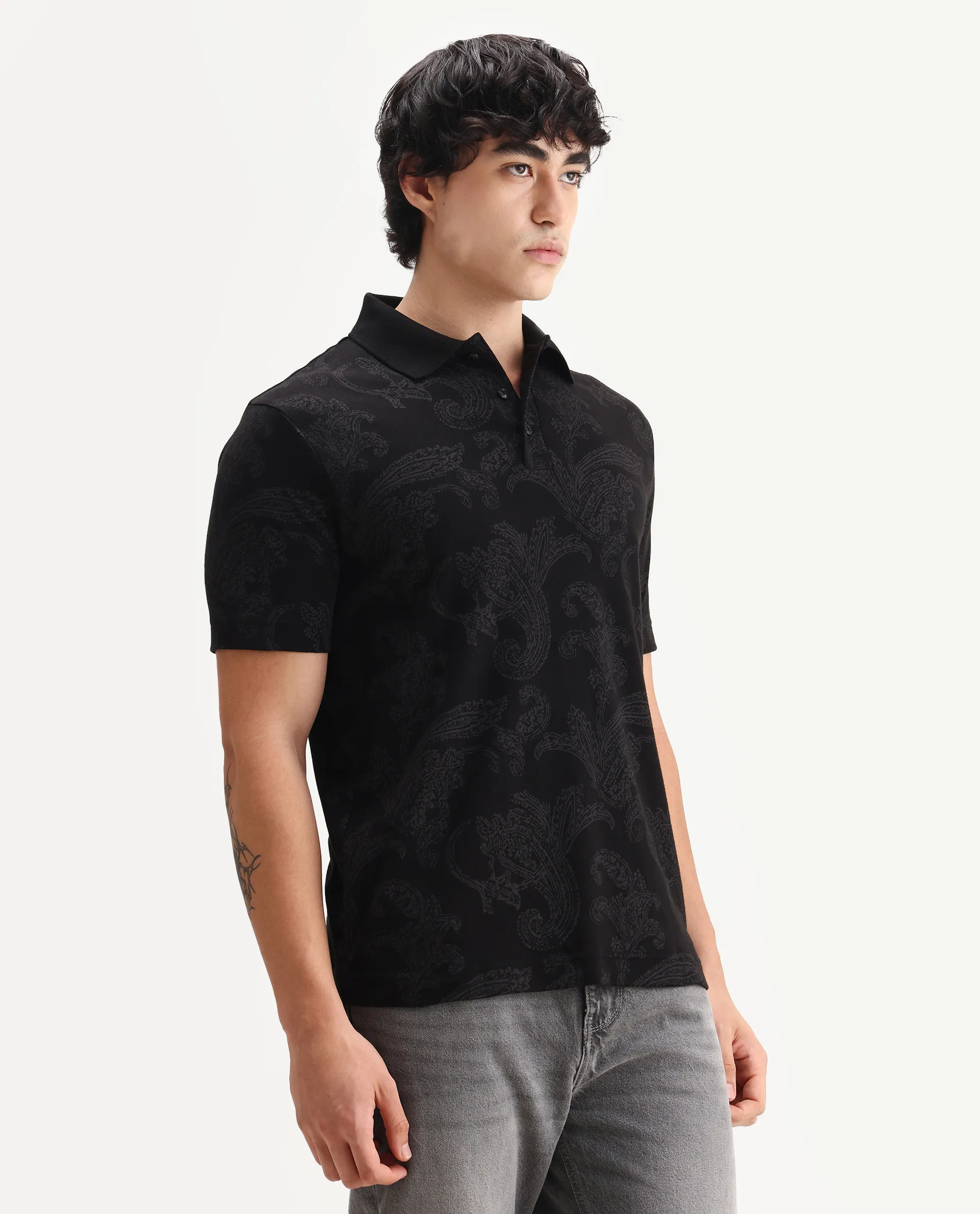 Rare Rabbit Men's Tred Black Cotton Fabric Half Sleeve Spread Collar Paisley Polo - Image 6