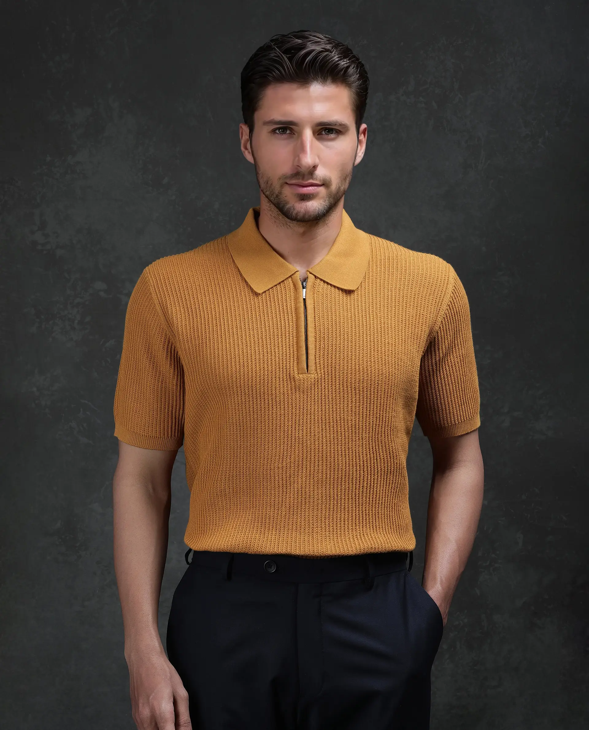 Rare Rabbit Men's Tris Dark Mustard Cotton Plain Regular Fit Half Sleeve Polo