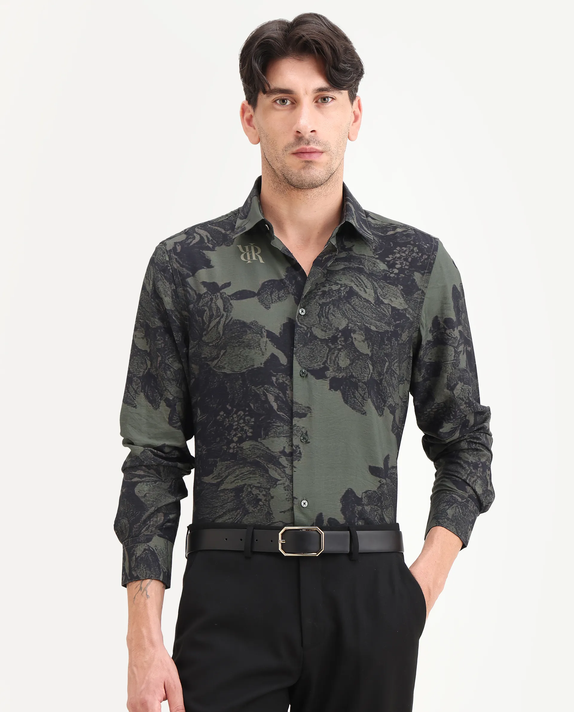 Rare Rabbit Men's Trops Dark Olive Viscose Blend Fabric Collared Neck Regular Floral Print Shirt - Image 4