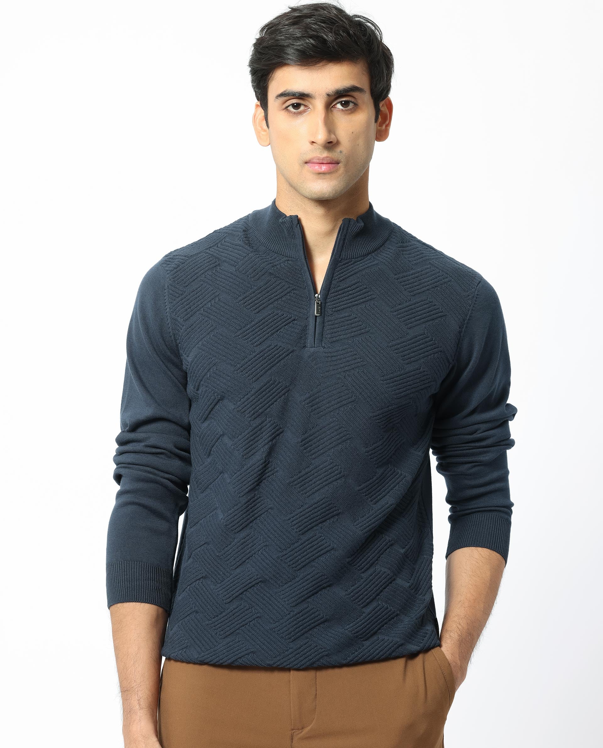 Rare Rabbit Men's Troyo Blue Cotton Textured Relaxed Fit Full Sleeve High Neck Sweater