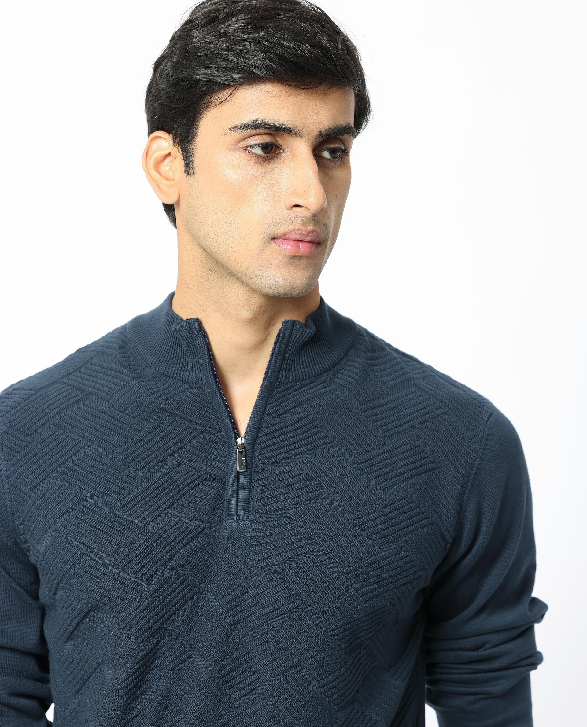 Rare Rabbit Men's Troyo Blue Cotton Textured Relaxed Fit Full Sleeve High Neck Sweater - Image 2