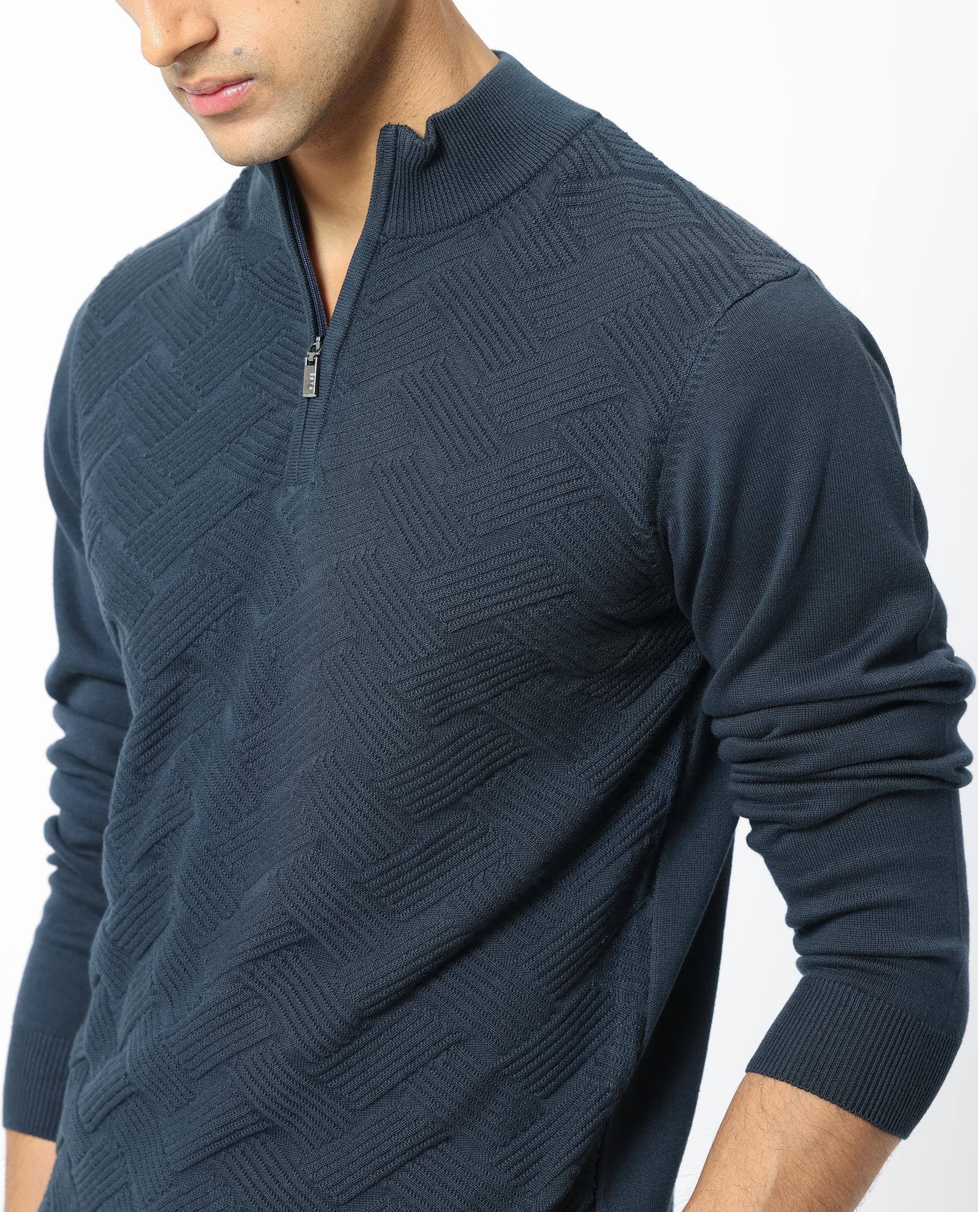 Rare Rabbit Men's Troyo Blue Cotton Textured Relaxed Fit Full Sleeve High Neck Sweater - Image 3