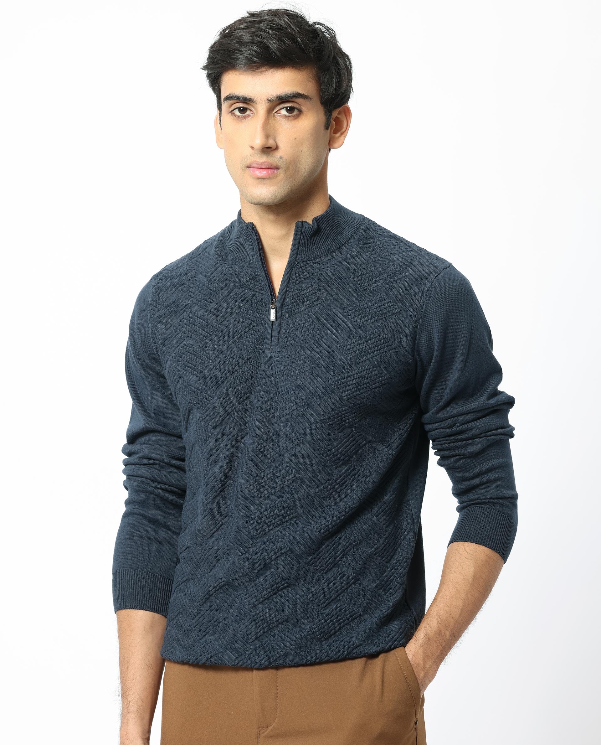 Rare Rabbit Men's Troyo Blue Cotton Textured Relaxed Fit Full Sleeve High Neck Sweater - Image 4