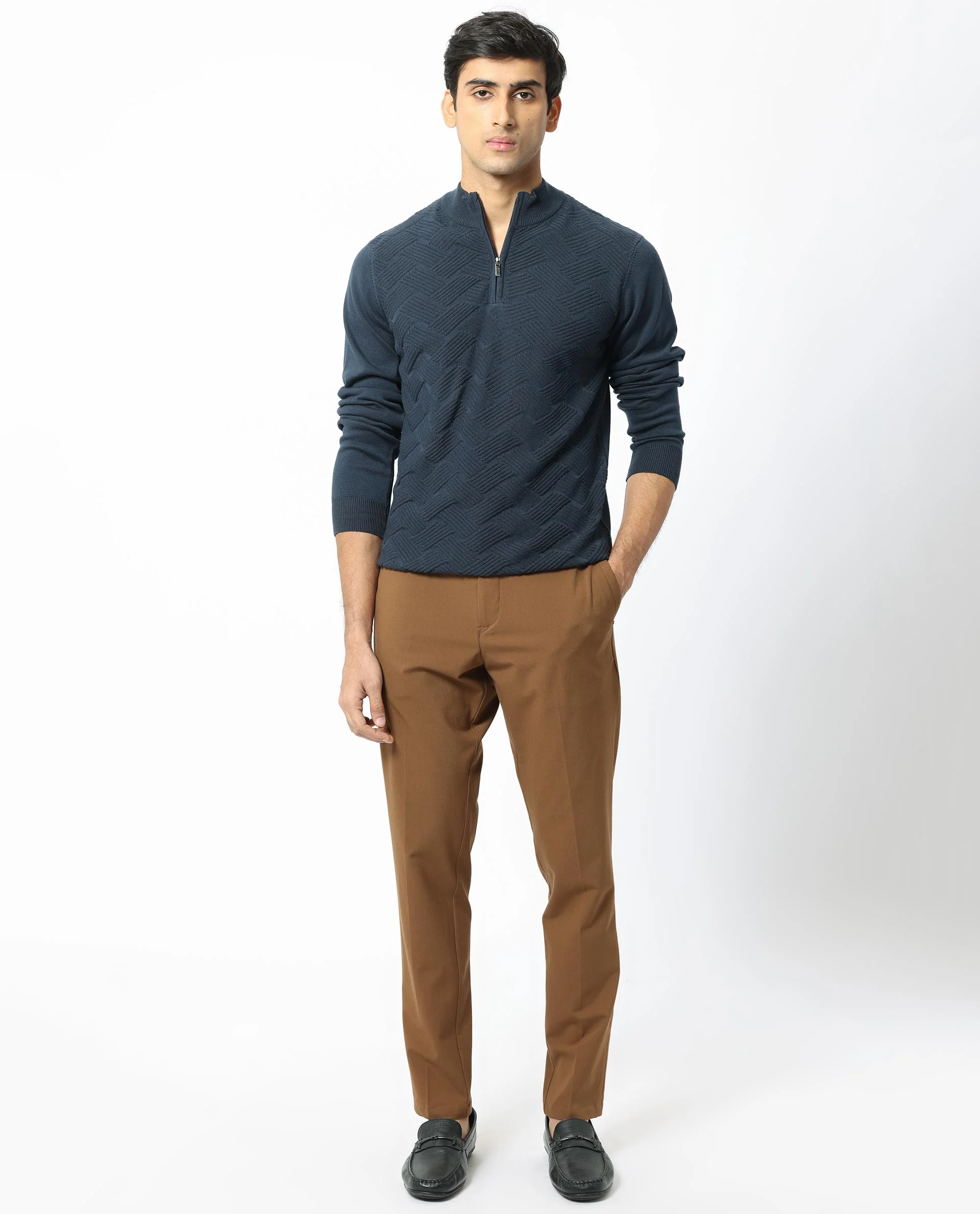 Rare Rabbit Men's Troyo Blue Cotton Textured Relaxed Fit Full Sleeve High Neck Sweater - Image 5