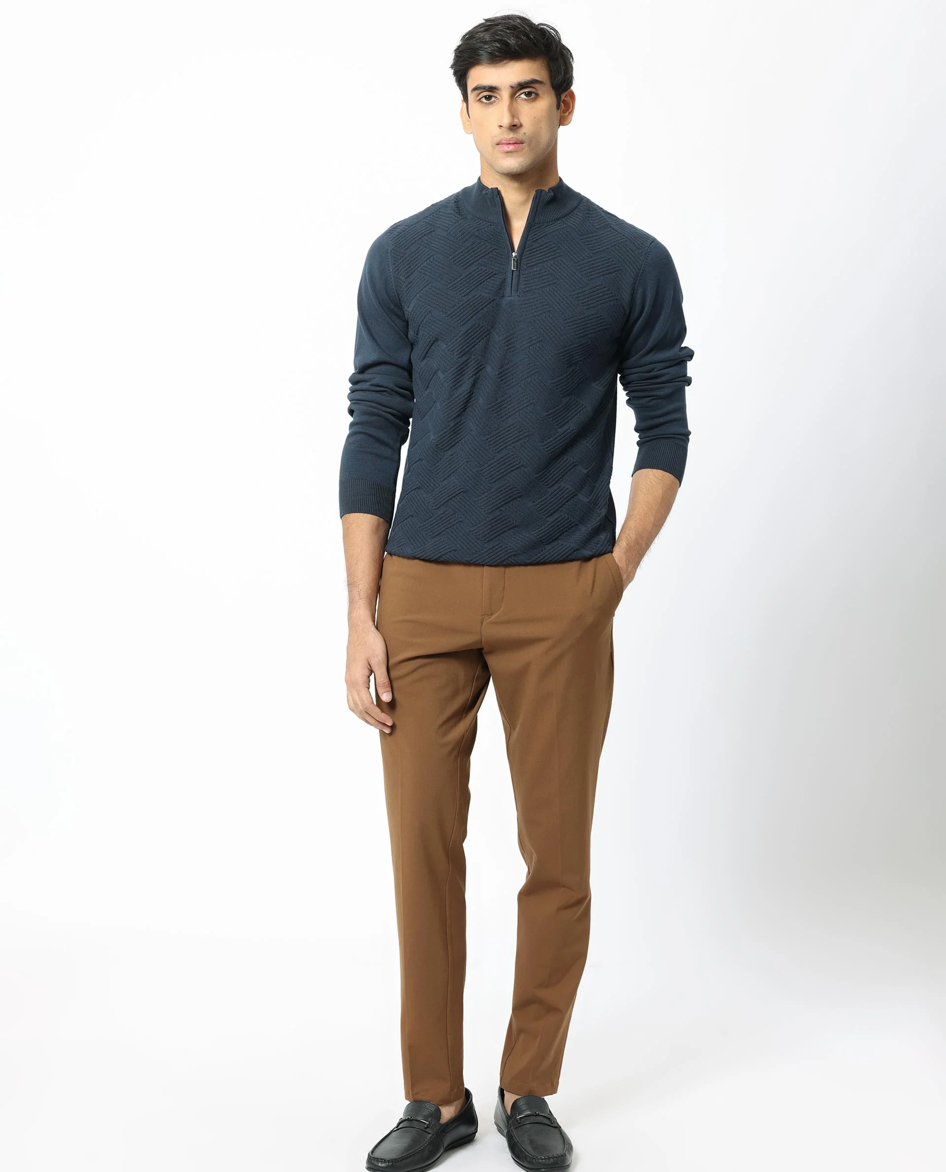 Rare Rabbit Men's Troyo Blue Cotton Textured Relaxed Fit Full Sleeve High Neck Sweater - Image 6