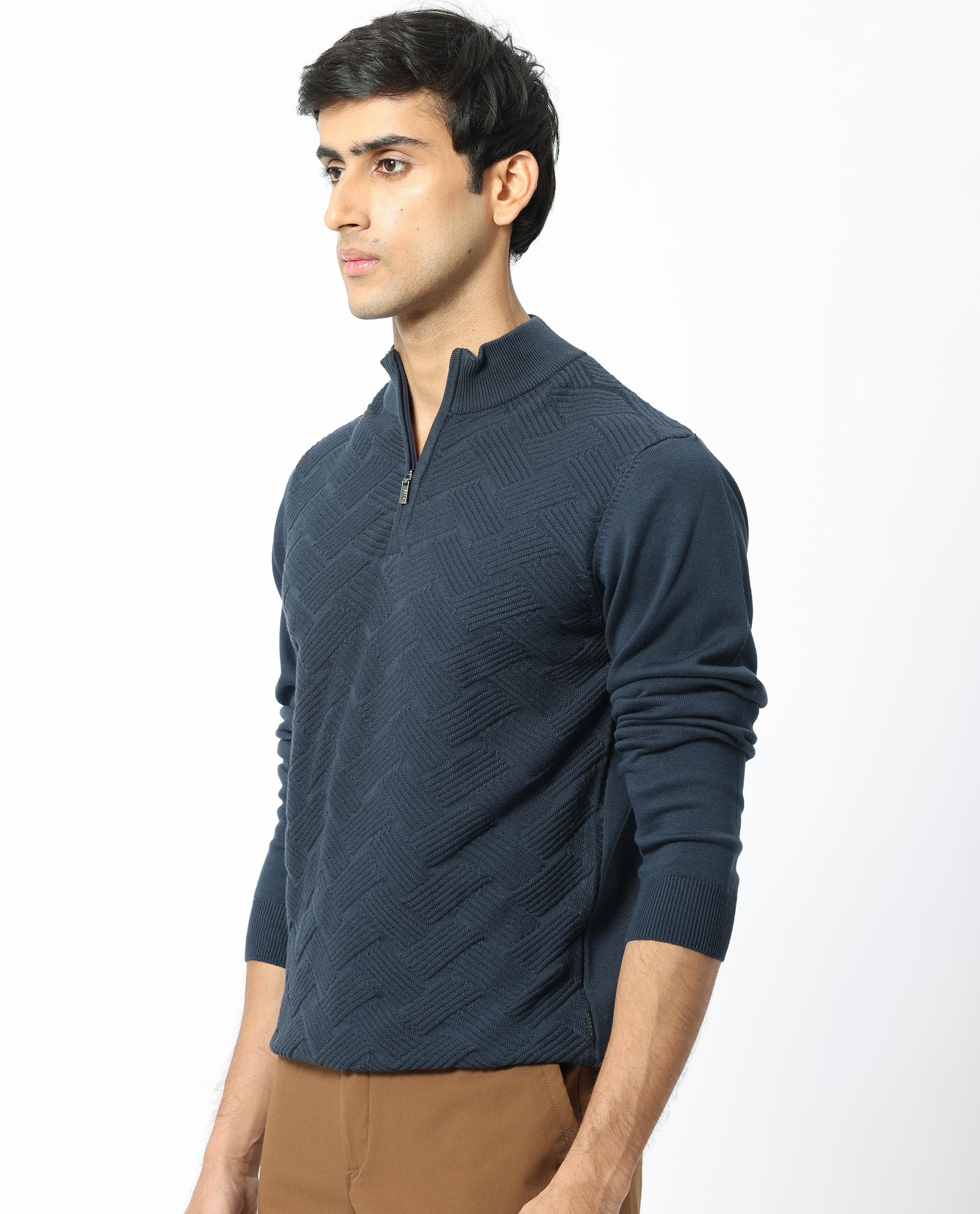 Rare Rabbit Men's Troyo Blue Cotton Textured Relaxed Fit Full Sleeve High Neck Sweater - Image 7