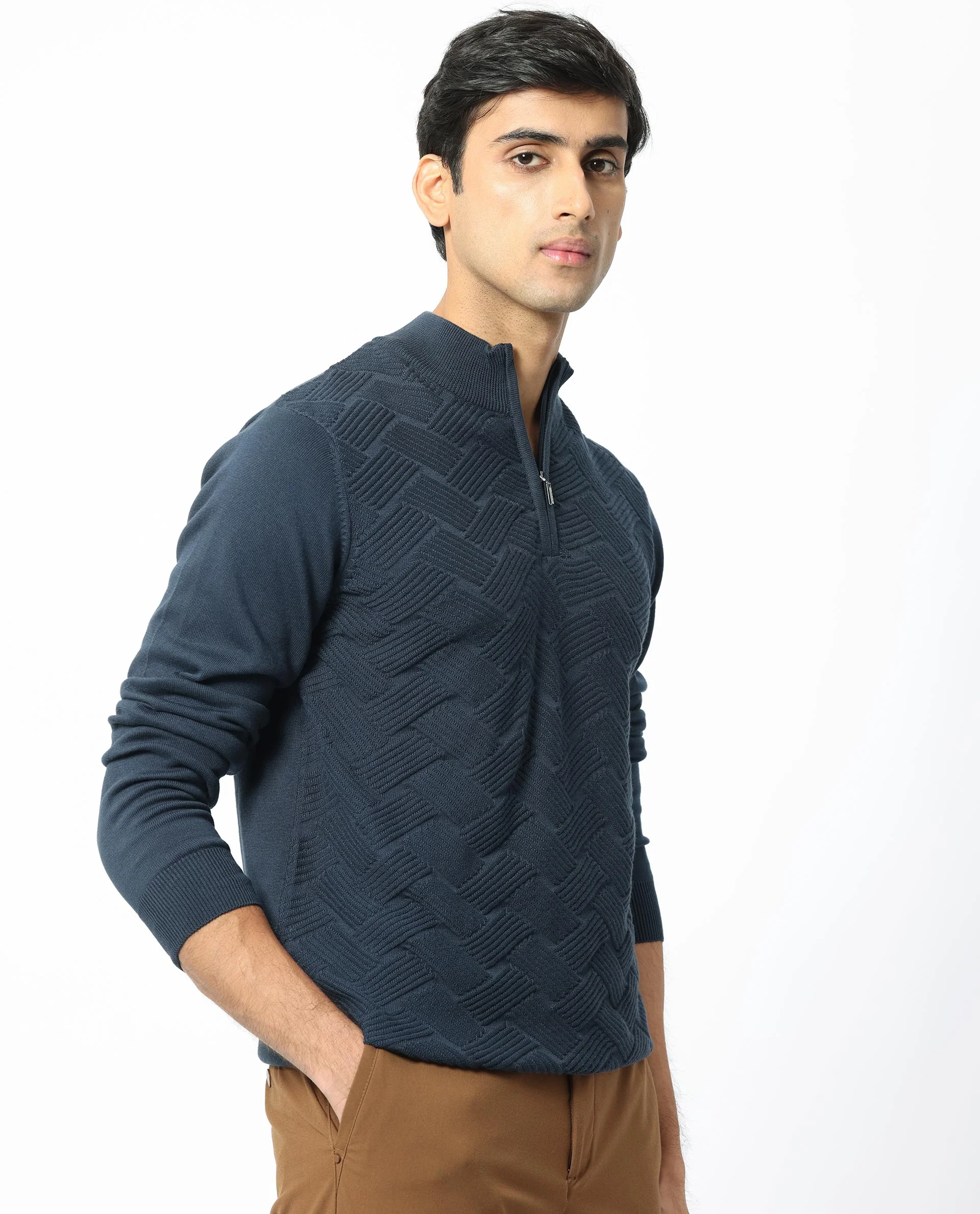 Rare Rabbit Men's Troyo Blue Cotton Textured Relaxed Fit Full Sleeve High Neck Sweater - Image 8