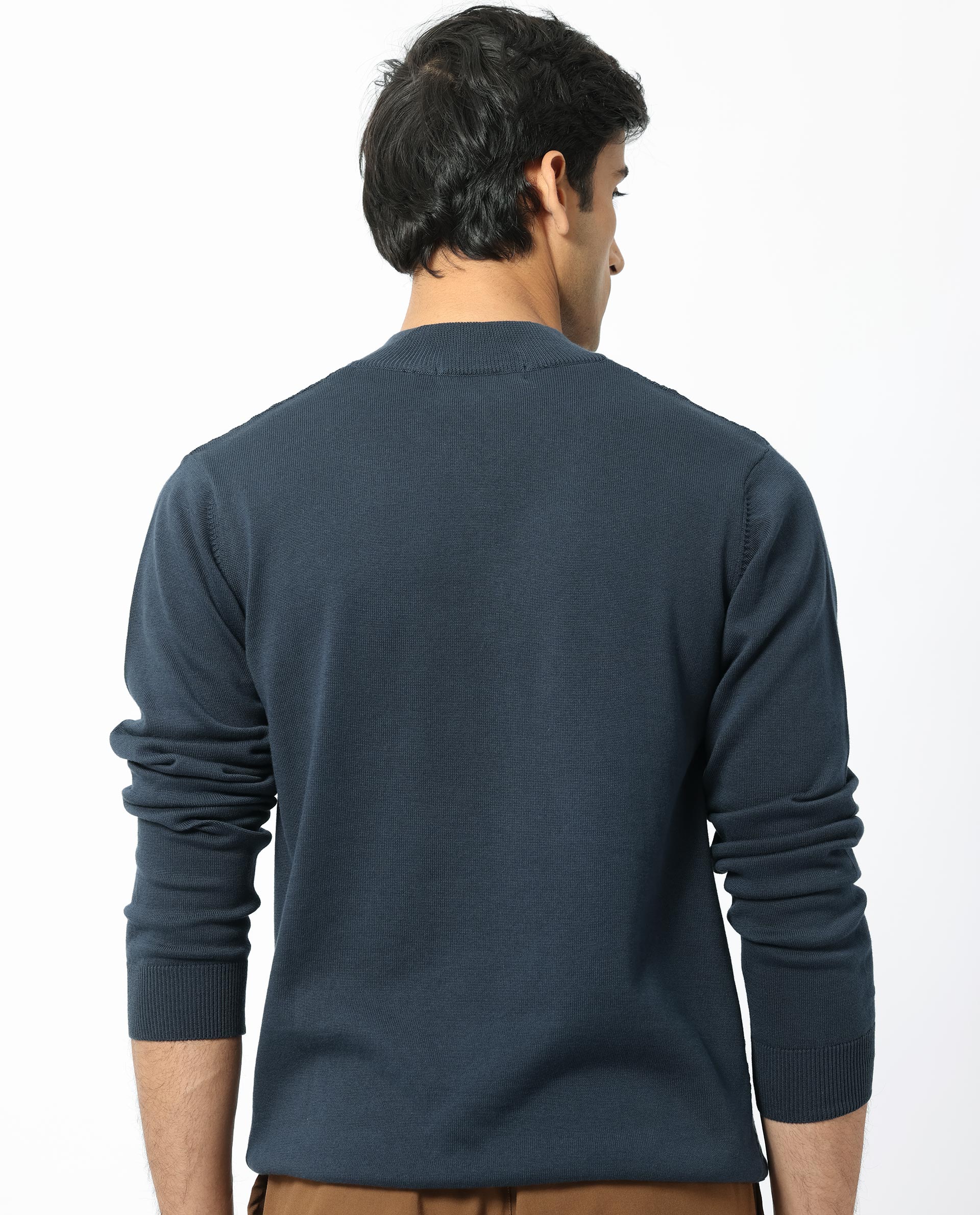 Rare Rabbit Men's Troyo Blue Cotton Textured Relaxed Fit Full Sleeve High Neck Sweater - Image 9
