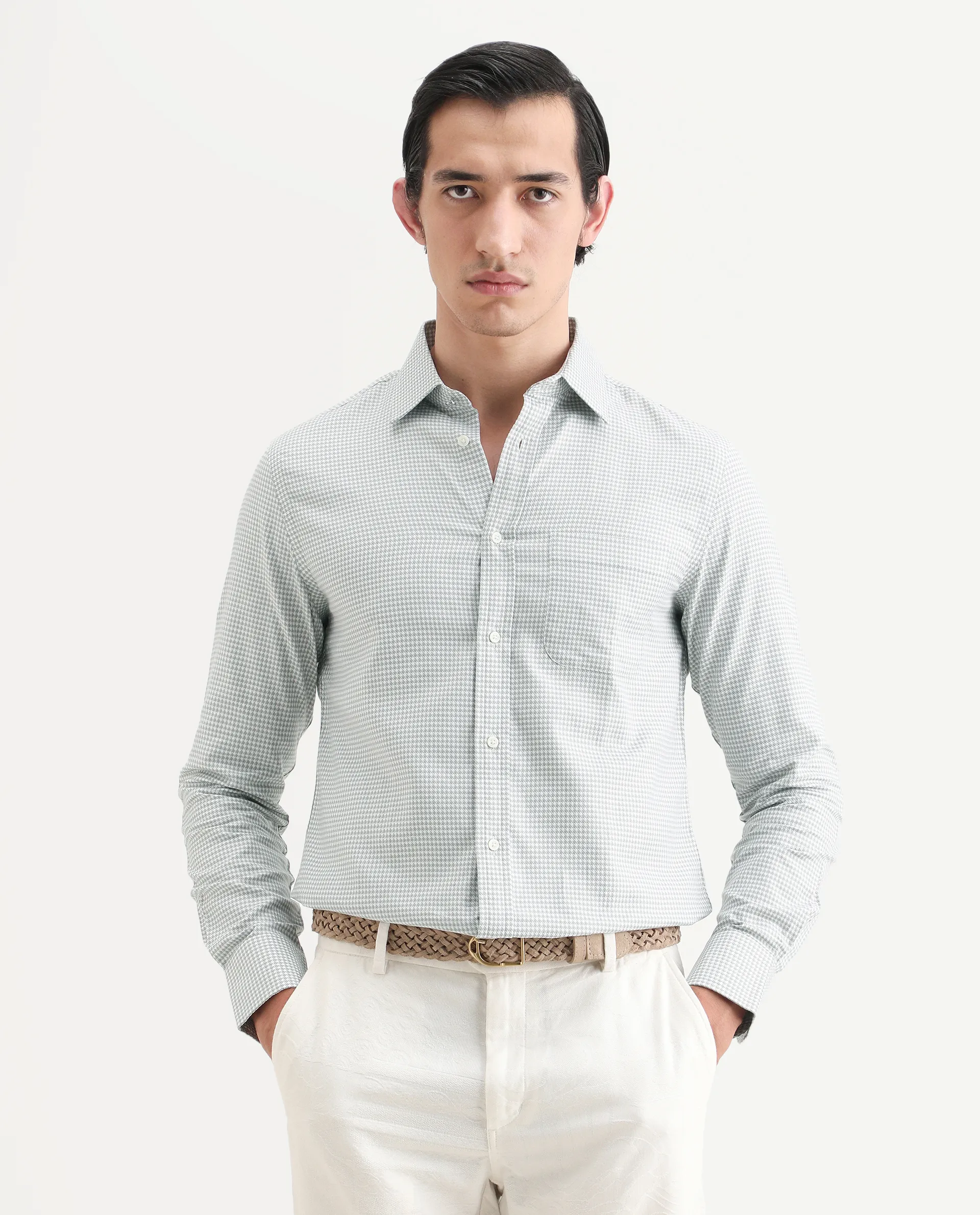 Rare Rabbit Men's Tucky Grey Cotton Blend Striped Print Regular Fit Full Sleeve Collared Shirt