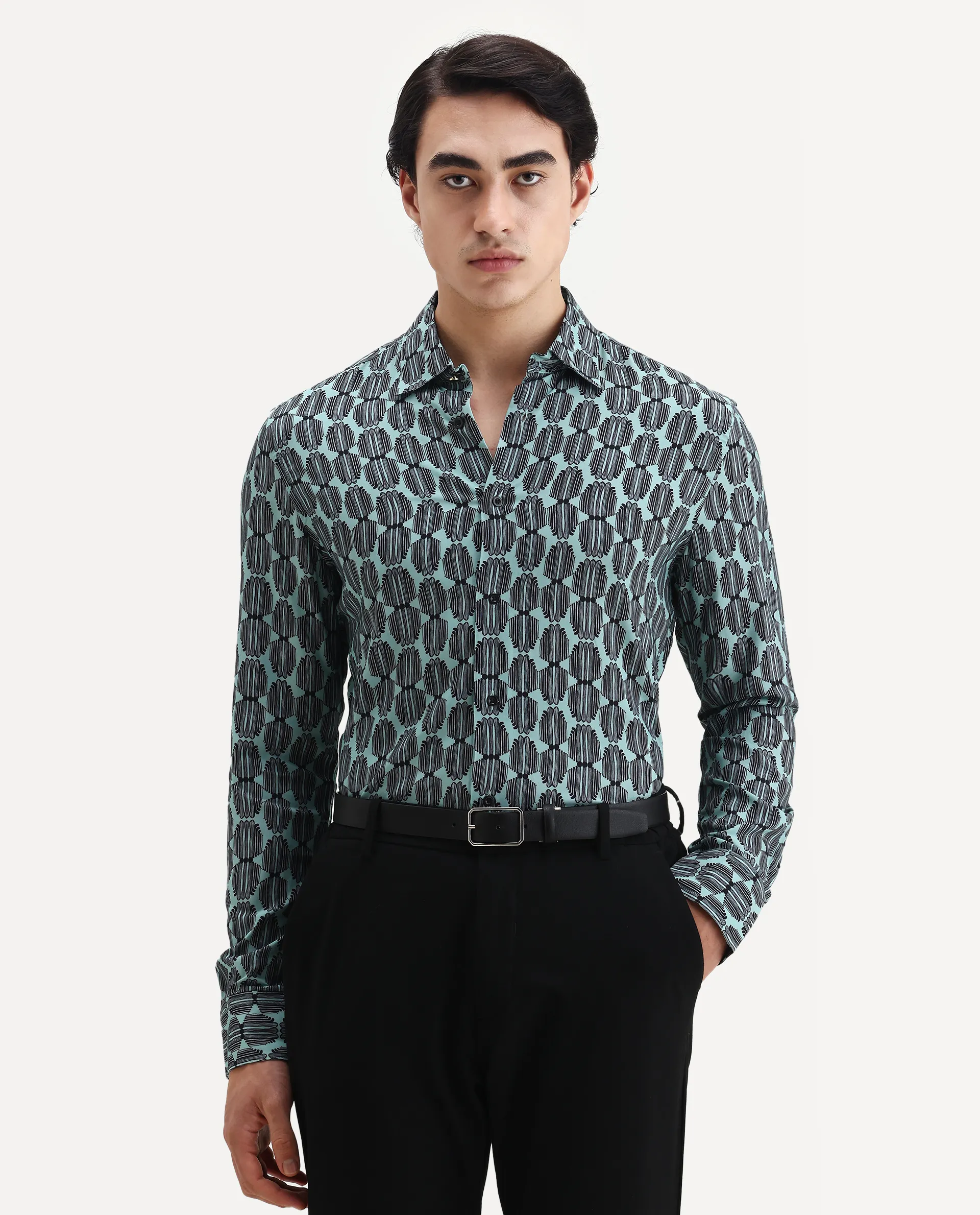 Rare Rabbit Men's Tulls Dusky Turq Viscose Abstract Print Regular Fit Full Sleeve Collared Shirt
