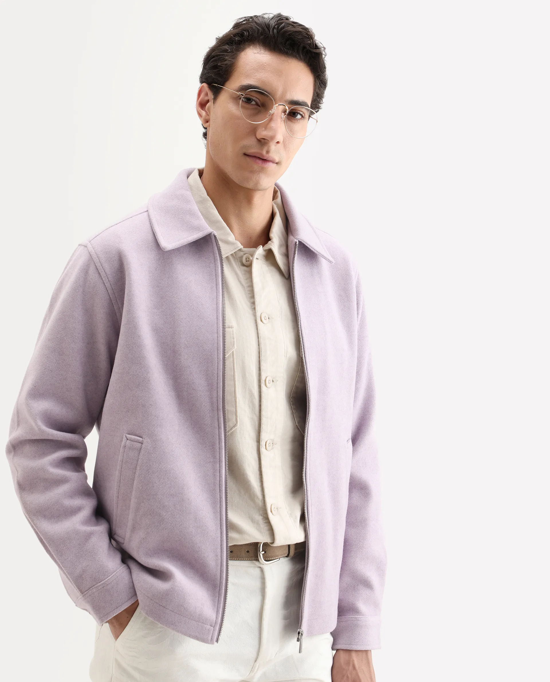 Rare Rabbit Men's Tweeder Pastel Purple Polyester Textured Regular Fit Full Sleeve Spread Collar Jacket