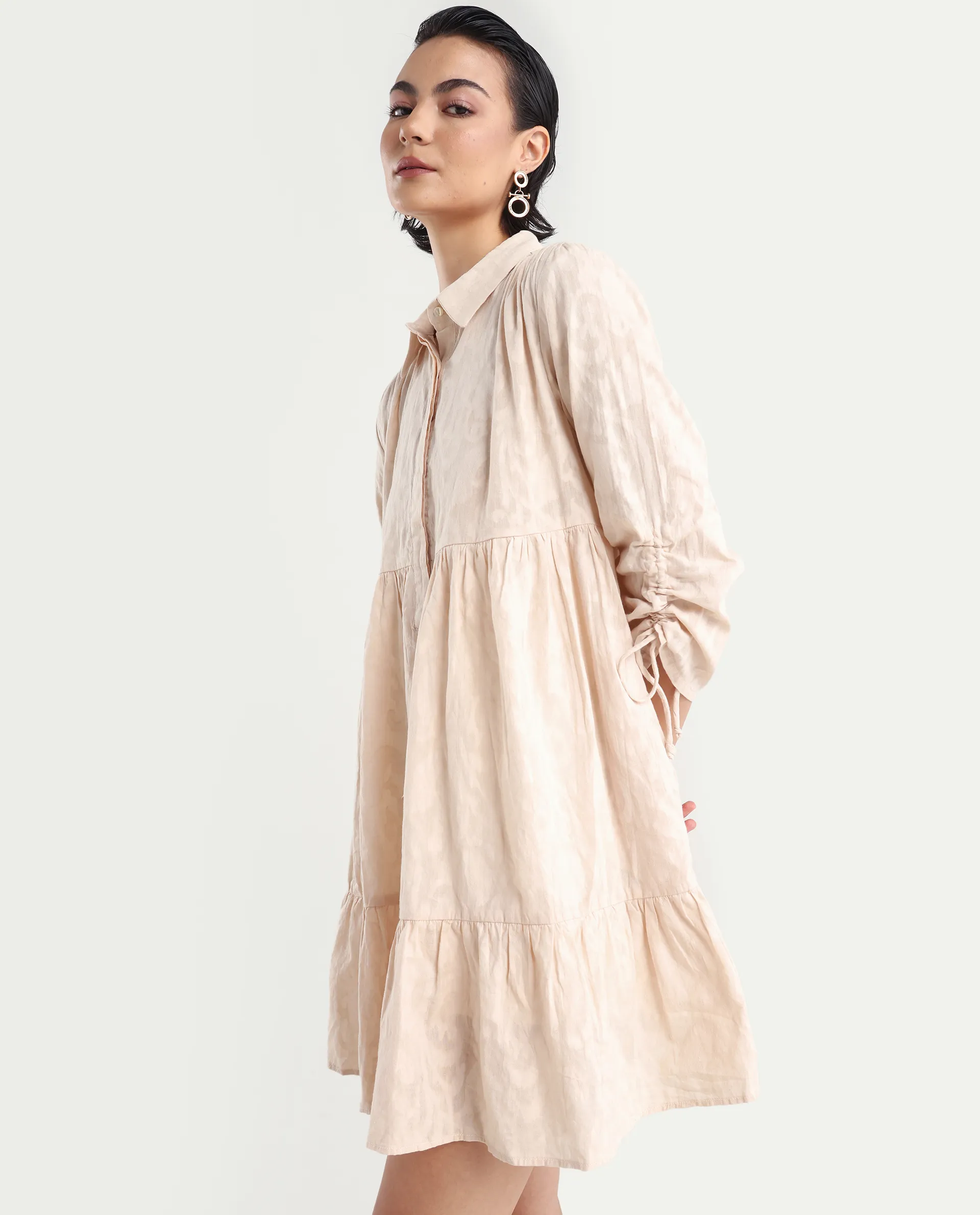 Rareism Women's Tyra Beige Cotton Spread Collar Printed Mini Relaxed Fit Dress