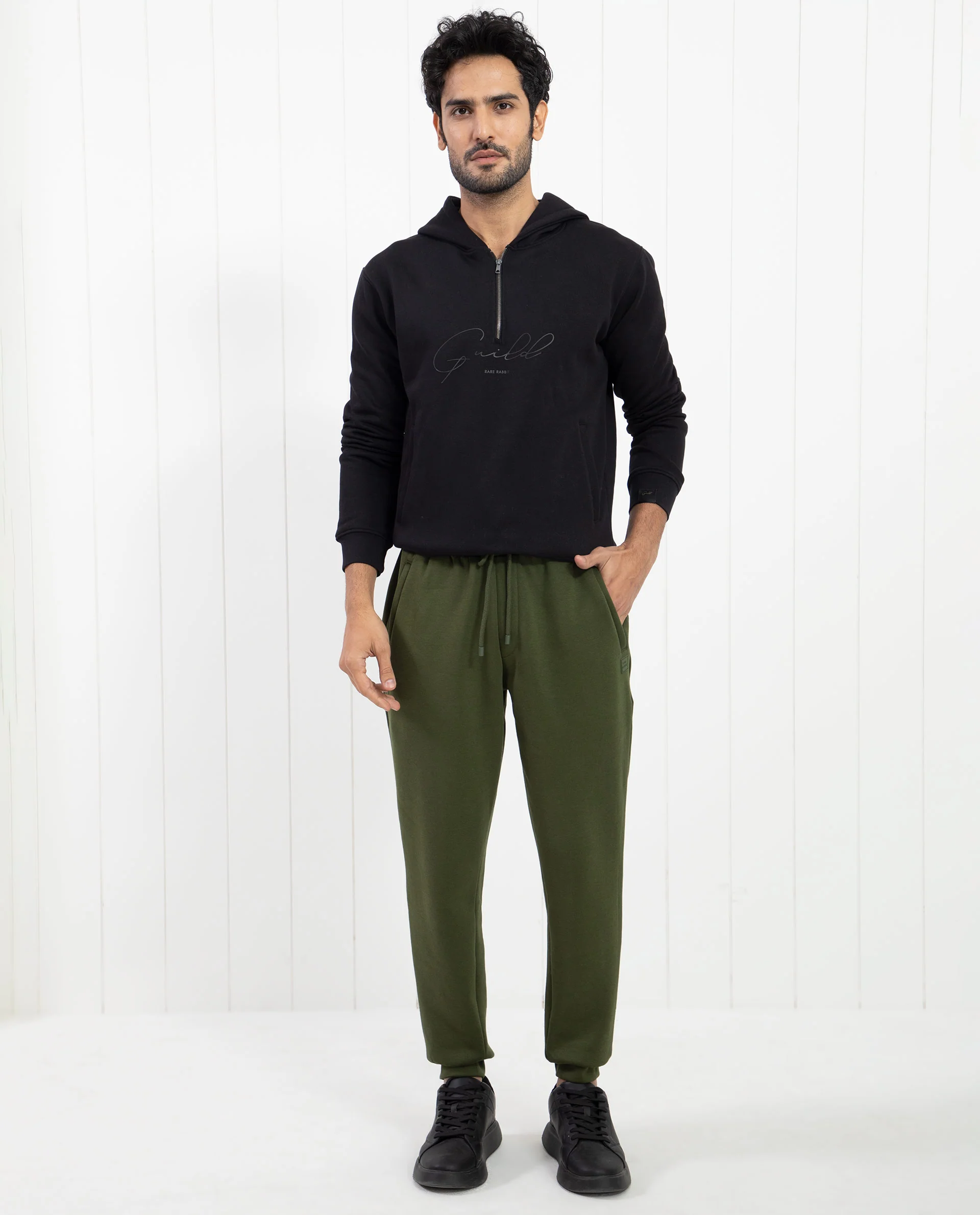 Rare Rabbit Men's Tyrone Olive Cotton Plain Regular Fit Joggers - Image 4
