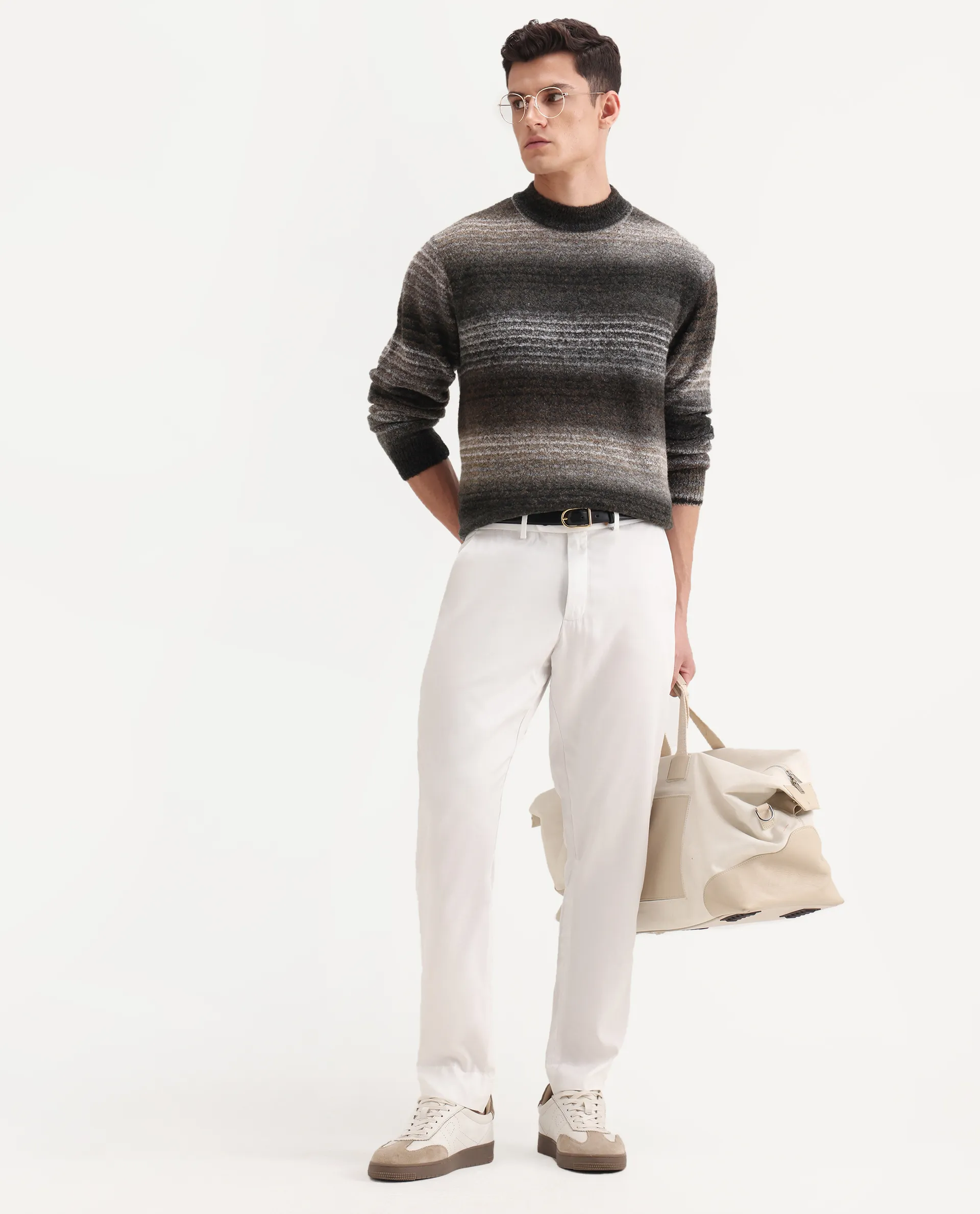 Rare Rabbit Men's Ugo White Cotton Blend Plain Regular Fit Trouser