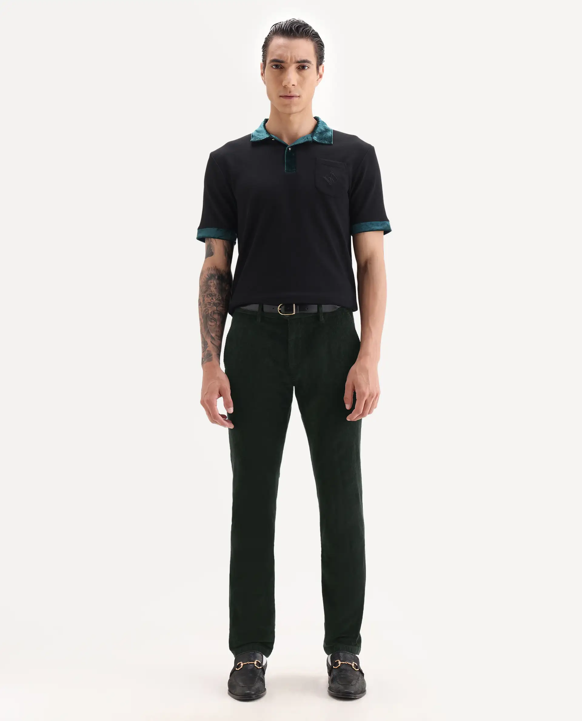 Rare Rabbit Men's Upton Dark Green Cotton Plain Regular Fit Trouser