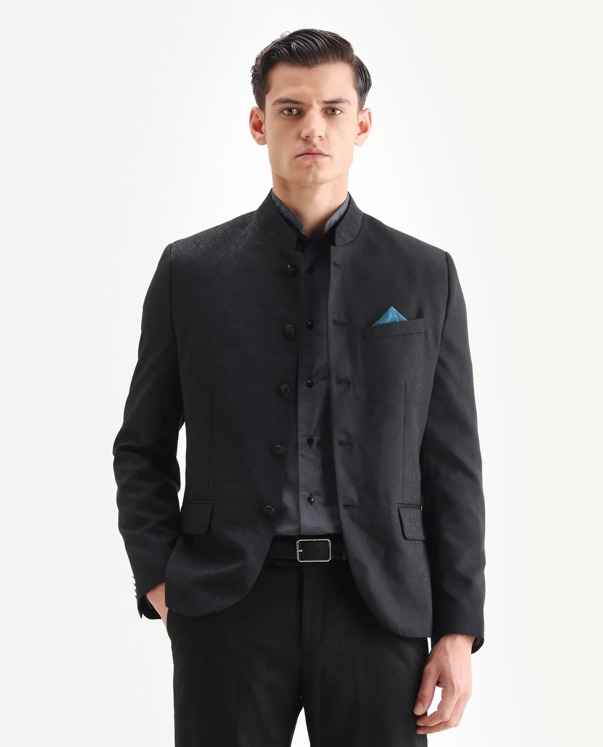 Rare Rabbit Men's Utica Black Polyester Jacquard Tailored Fit Full Sleeve Mandarin Collar Bandhgala Jodhpuri