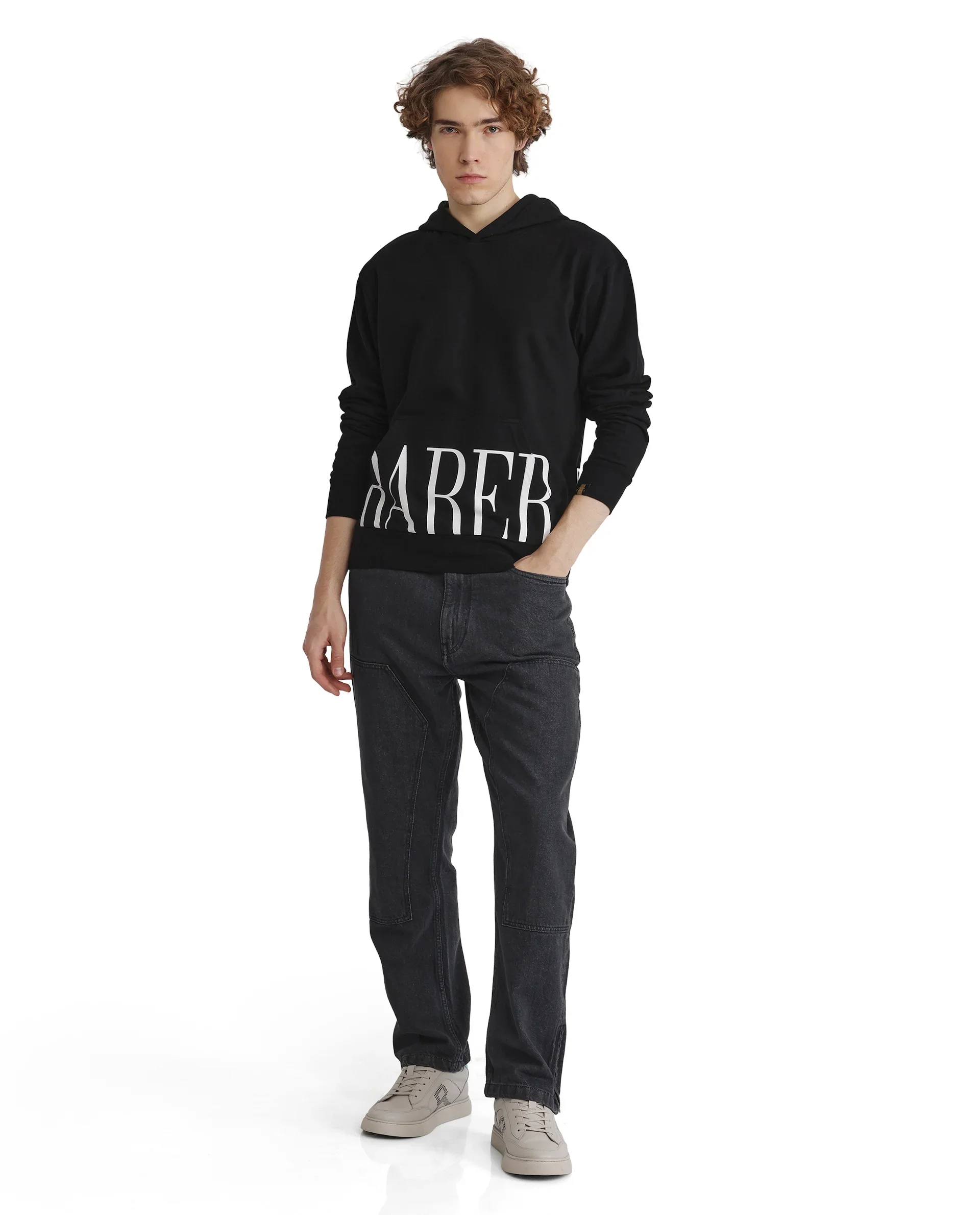 Rare Rabbit Men's Vale Black Cotton Blend Graphic Print Boxy Fit Full Sleeve Hooded Sweatshirt - Image 3
