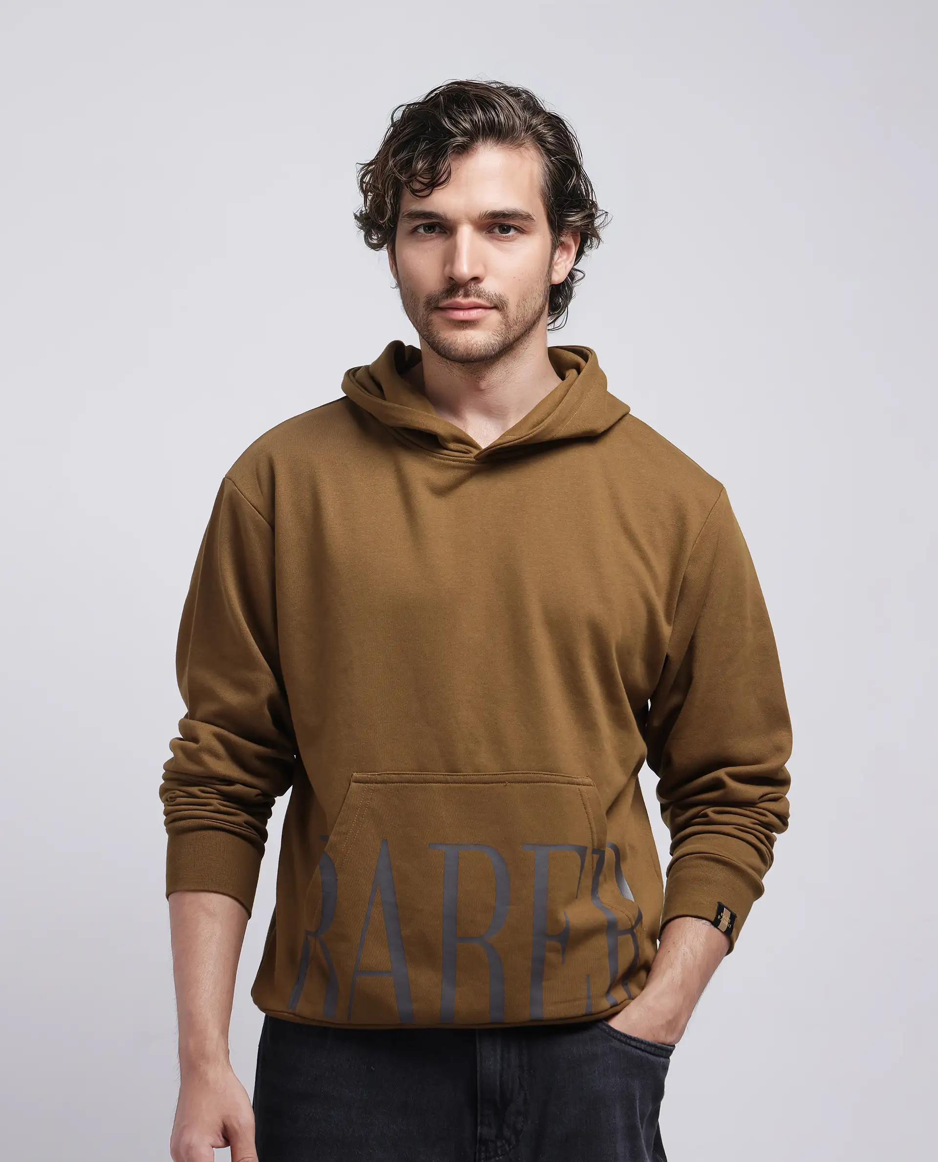 Rare Rabbit Men's Vale Olive Polyester Graphic Print Regular Fit Full Sleeve Hooded Sweatshirt