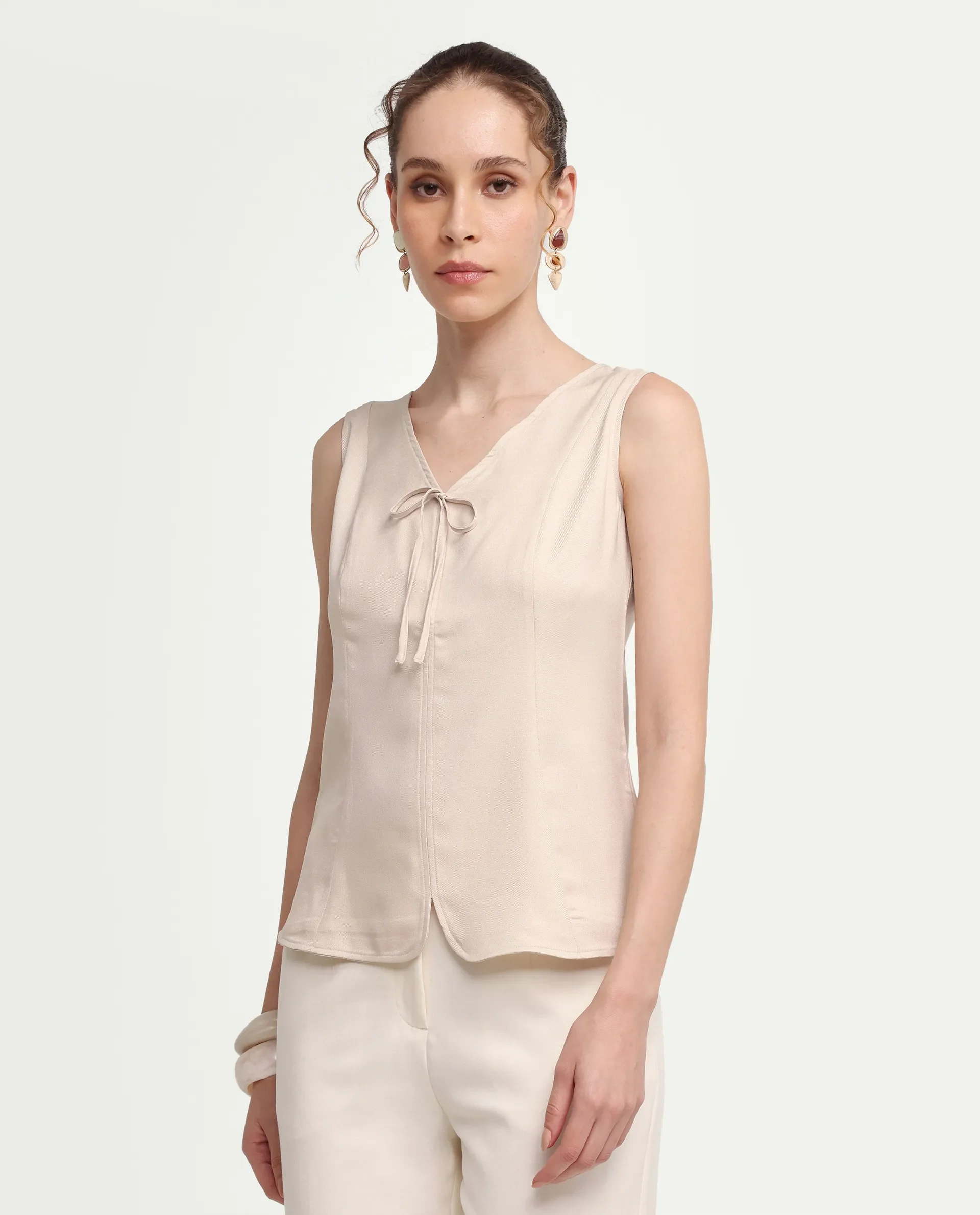 Rareism Women's Valton Primary Beige Polyester Sleeveless V-Neck Regular Fit Top