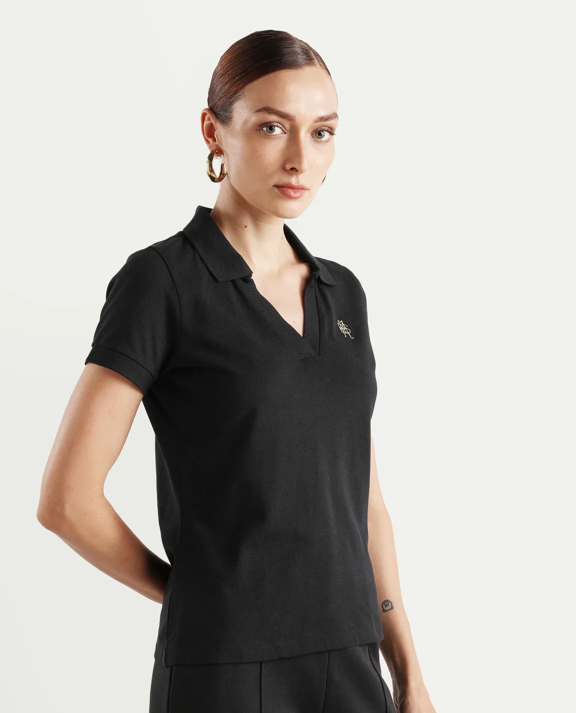 Rareism Women's Van Black Cotton Blend Polo Neck Plain Regular Fit Polo - Image 5