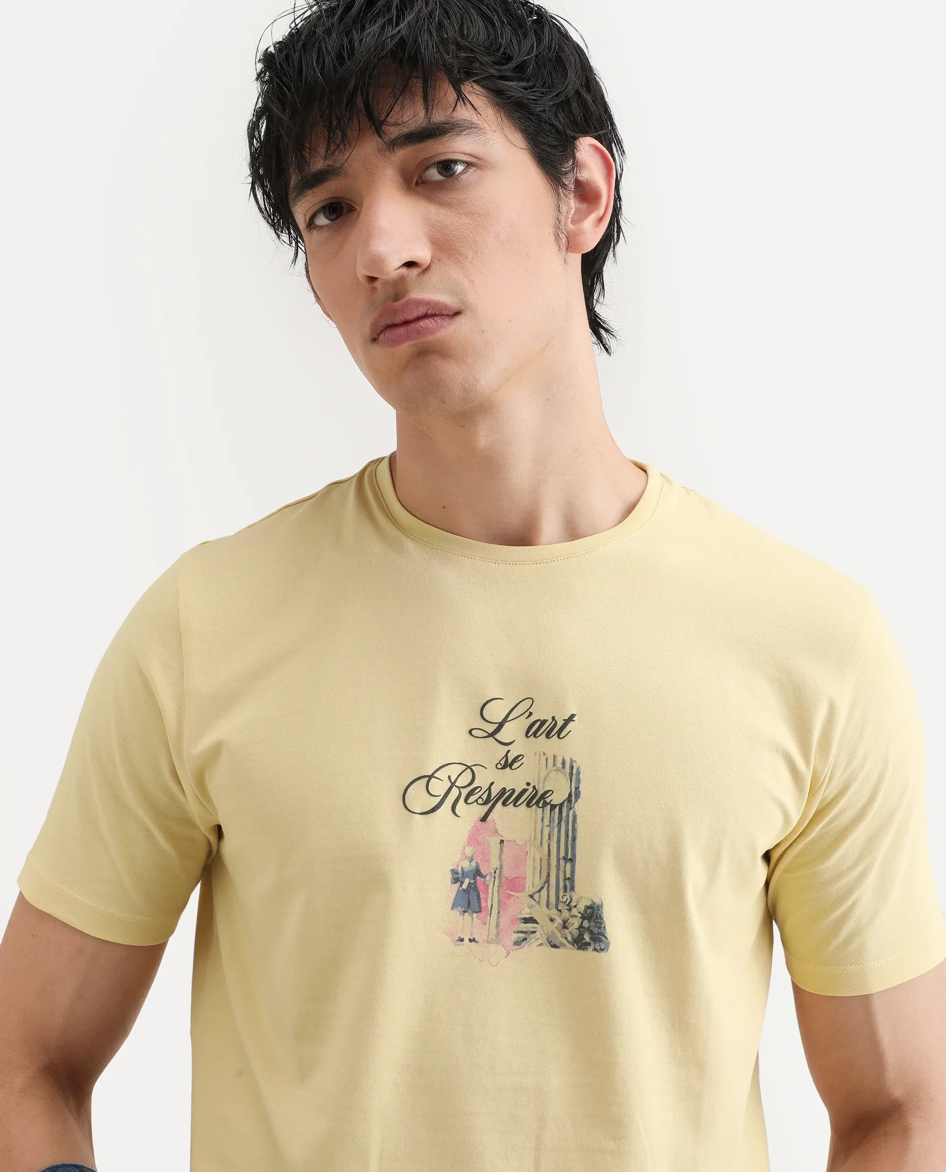 Rare Rabbit Men's Var Yellow Cotton Graphic Print Regular Fit Half Sleeve Crew Neck T-Shirt