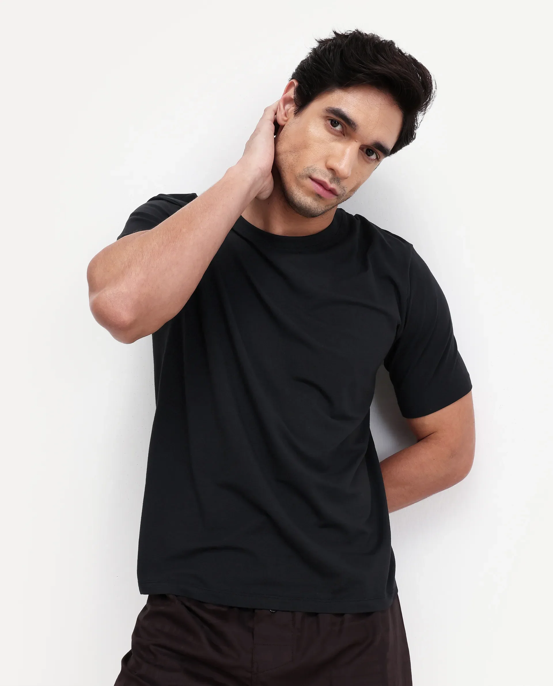 Rare Rabbit Men's Vaux Black Cotton Fabric Half Sleeve Regular Fit Plain T-Shirt