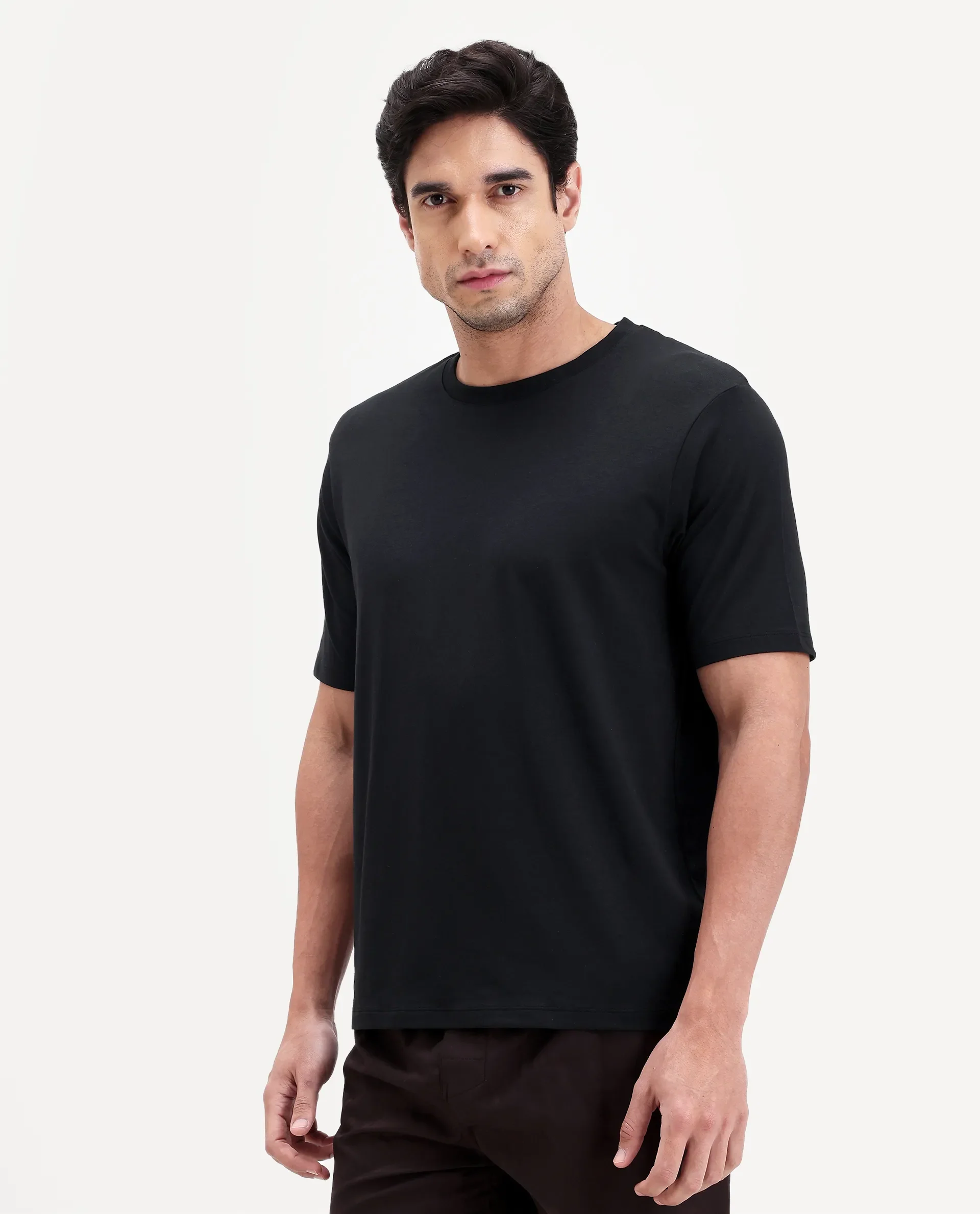 Rare Rabbit Men's Vaux Black Cotton Fabric Half Sleeve Regular Fit Plain T-Shirt - Image 2
