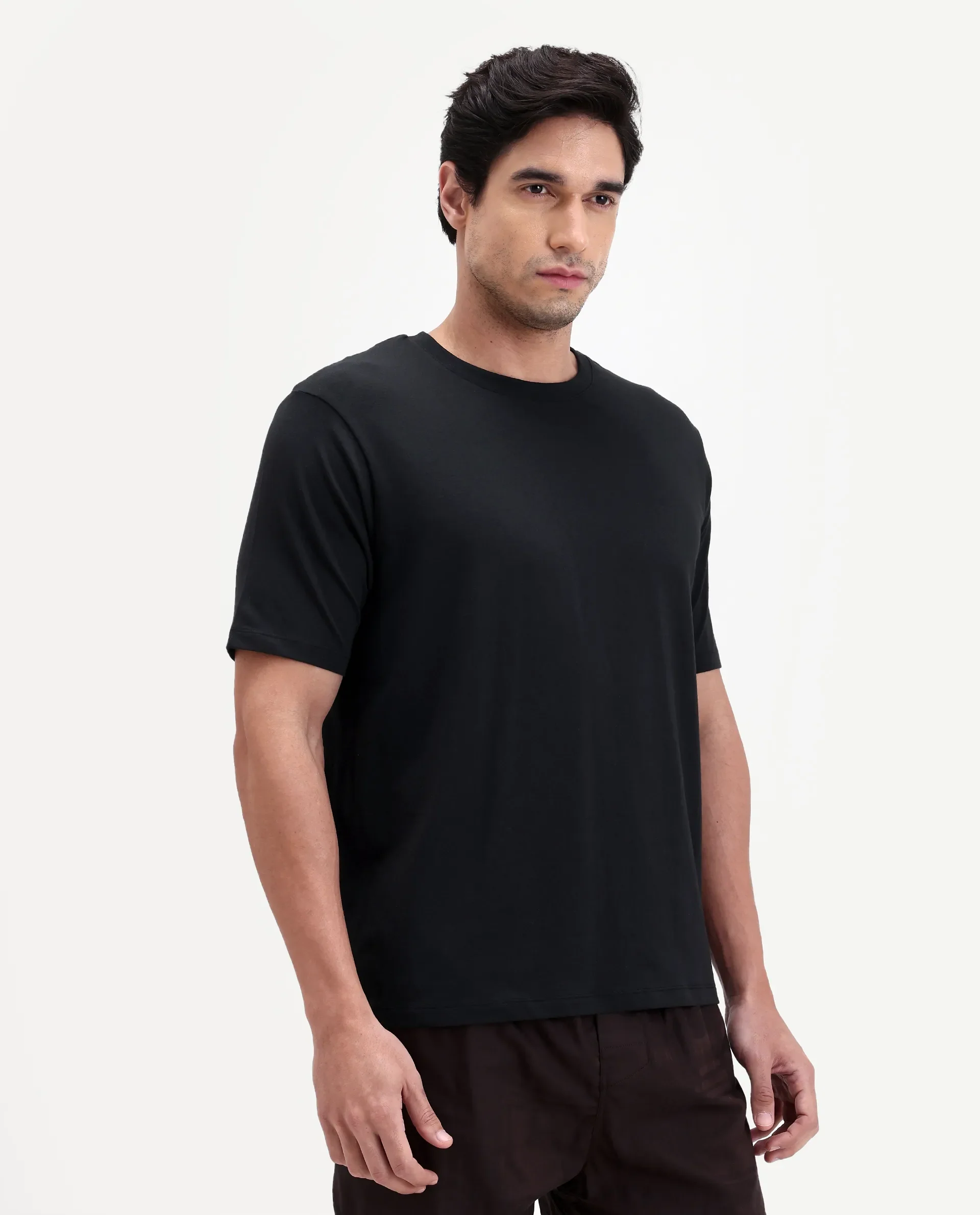 Rare Rabbit Men's Vaux Black Cotton Fabric Half Sleeve Regular Fit Plain T-Shirt - Image 6