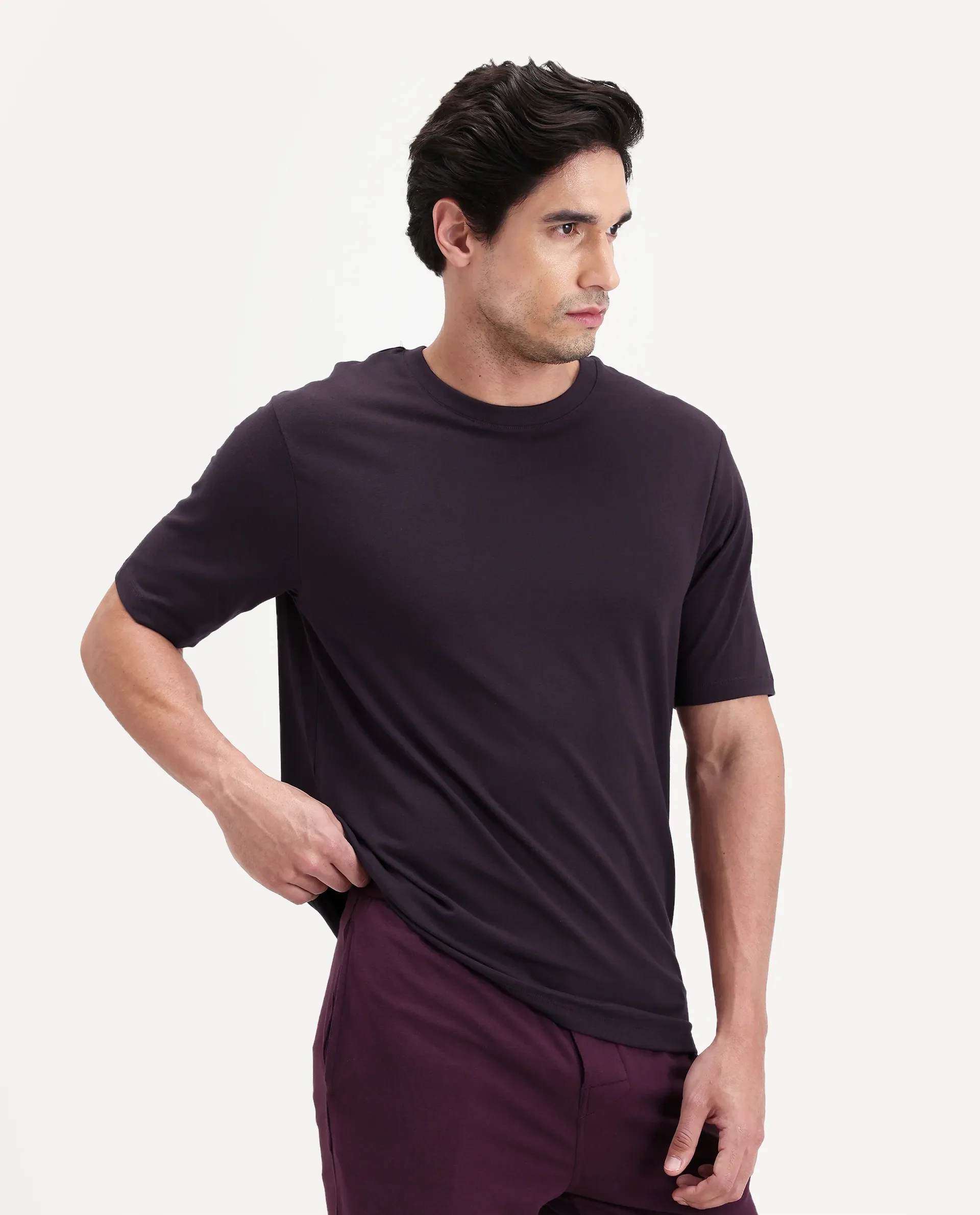 Rare Rabbit Men's Vaux Maroon Cotton Fabric Half Sleeve Regular Fit Plain T-Shirt - Image 2