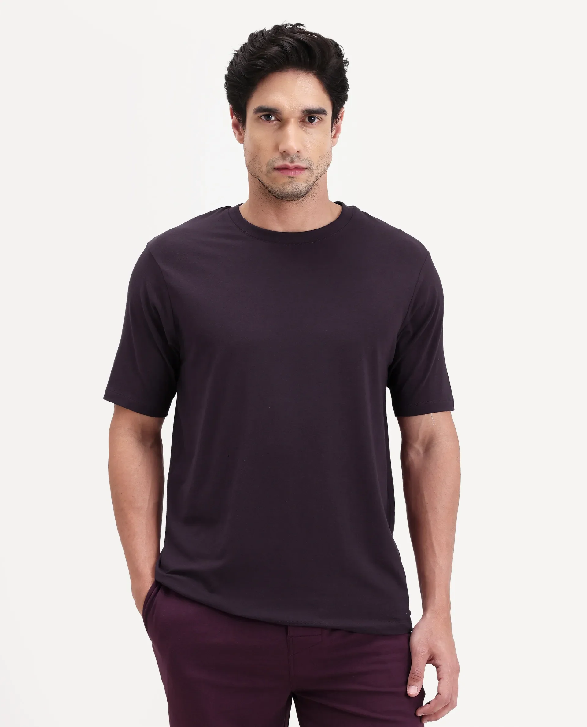 Rare Rabbit Men's Vaux Maroon Cotton Fabric Half Sleeve Regular Fit Plain T-Shirt - Image 5