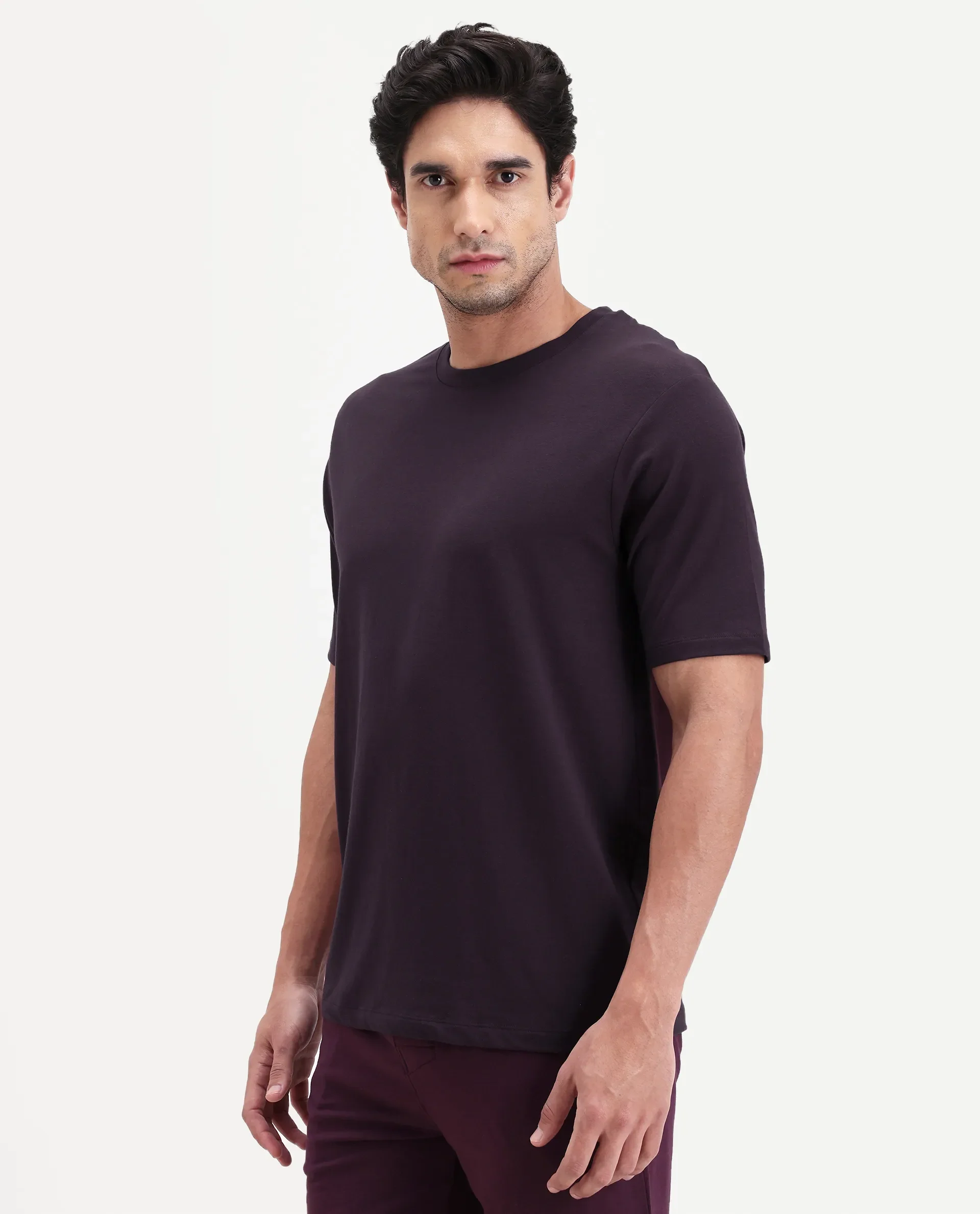 Rare Rabbit Men's Vaux Maroon Cotton Fabric Half Sleeve Regular Fit Plain T-Shirt - Image 6